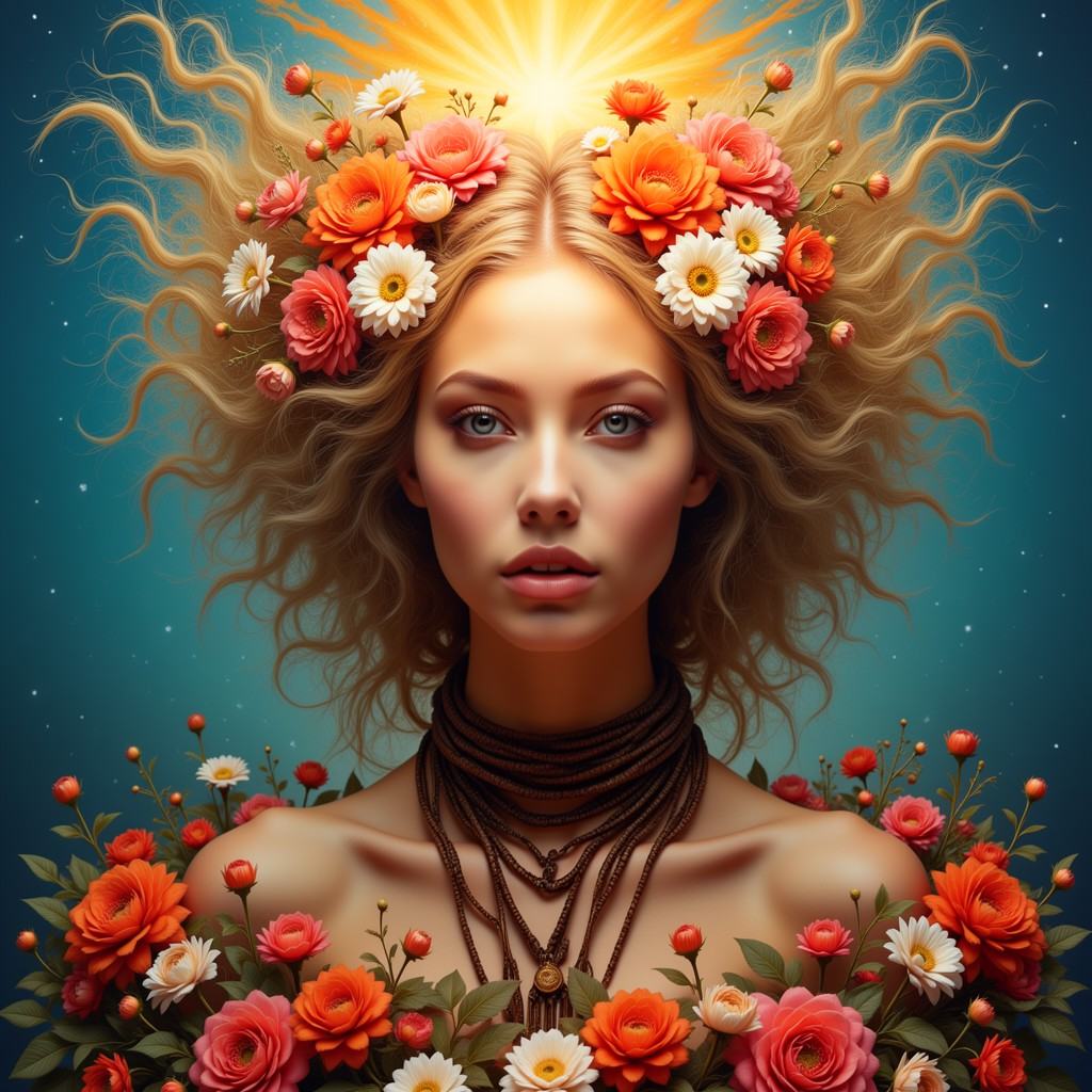 This is a highly detailed,  digital fantasy artwork depicting a stunning young woman with ethereal qualities. She has fair...