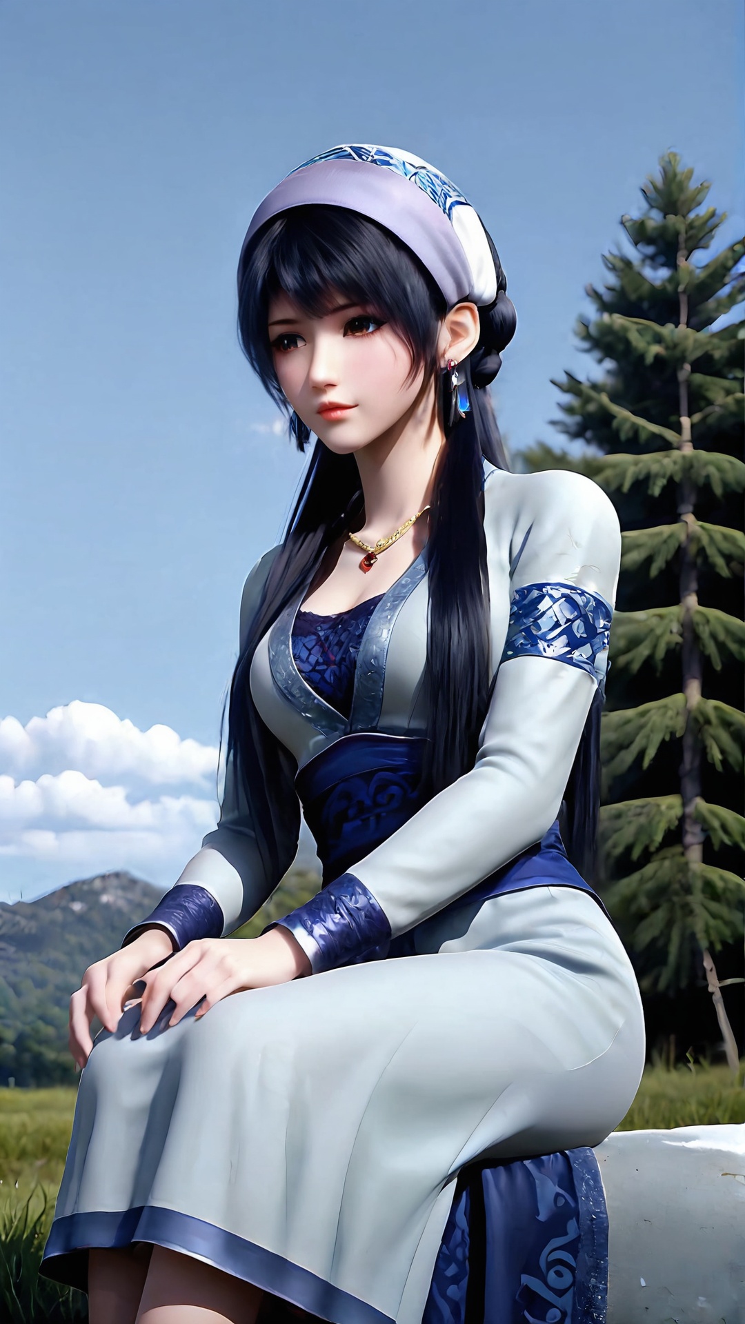 The image is a digital illustration of a young woman sitting in a snowy landscape. She is wearing a traditional Chinese dress with a red and black color scheme and a black fur stole draped over her shoulders. The dress has a high neckline and long sleeves, and she is also wearing a gold necklace and earrings. The woman has long black hair that is styled in loose waves and cascades over her head. She has a crown on her head with intricate designs and jewels. The background is a snowy forest with bare trees and a blue sky. The overall mood of the image is peaceful and serene.<lora:pony端木蓉:0.8>,
