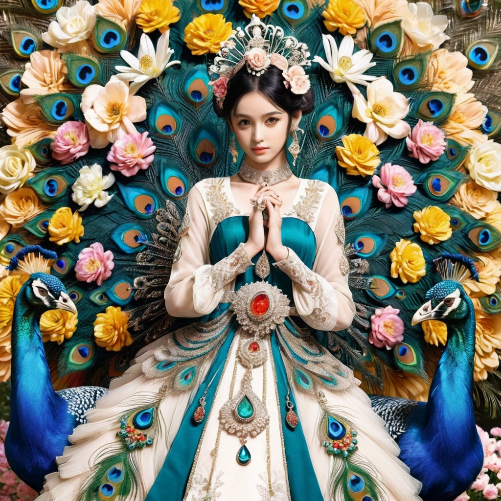 sdmai,Peacock style,1girl,solo,ring,black hair,jewelry,looking at viewer,dress,long sleeves,poakl flower style,<lora:poaklflowerstyle-000009:0.8>,