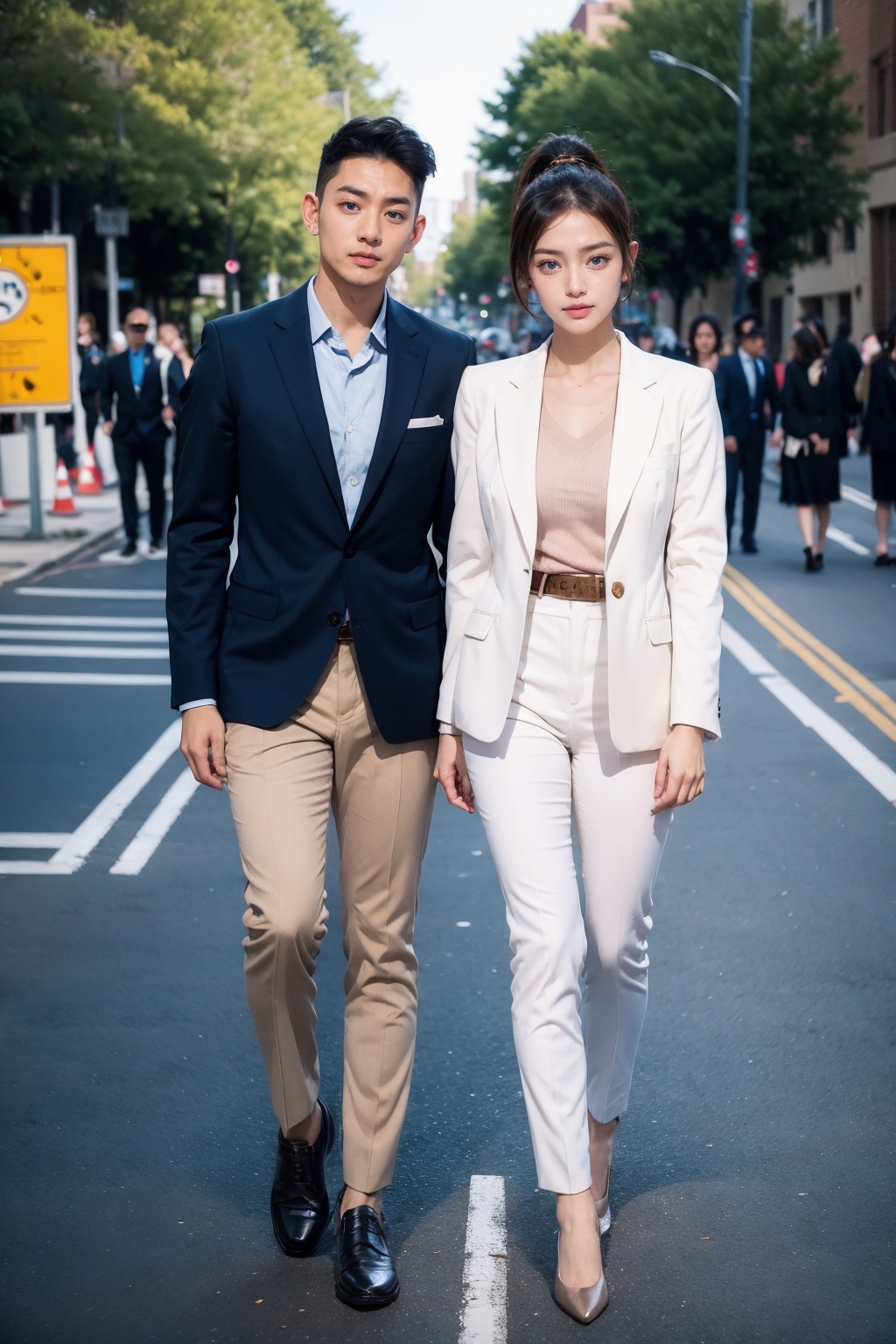 (photorealistic:1.4),(Realistic:1.2), pants, black hair, outdoors, white pants, street, ponytail, road, multiple boys, walking, multiple girls, shirt, jacket, sign, formal, suit, jewelry, black footwear, white shirt, belt, black jacket, long hair, collared shirt, earrings, crosswalk, bag, holding, looking at viewer, short hair, day, city, dress shirt, full body, shoes, brown eyes, building, 1girl, blue eyes, 1boy, breasts, skirt, high ponytail, long sleeves, closed mouth, traffic light