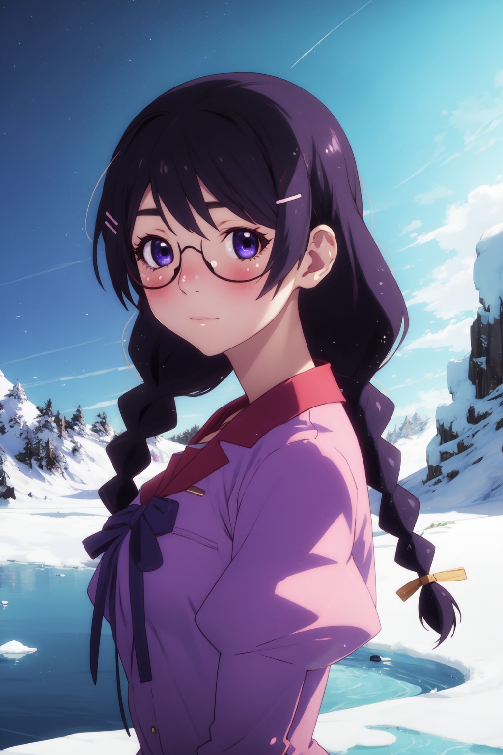 <lora:Tsubasa-000009:0.8>,Tsubasa cyql,1girl,looking at viewer,solo,black hair,long hair,twin braids,hairclip,hair ornament,glasses,school uniform,purple eyes,shirt,puffy sleeves,breasts,pink shirt,blush,Angry, tightened jaw, squinted eyes, and raised eyebrows.,portrait,beautiful face,beautiful eyes,glossy skin,shiny skin,Glacier, Ice, Crevasse, Snowfield, Seracs, Mountaineers, Cold, Ice caves,(Lotus blooms, Lily pads, Dragonflies, Calm water, Pink hues, Morning mist:0.6),beautiful detailed sky,beautiful detailed glow,posing in front of a colorful and dynamic background,masterpiece,best quality,beautiful and aesthetic,contrapposto,female focus,wallpaper,fashion,
