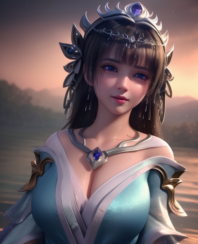 <lora:568-DA-星辰变-姜妍:0.8>(,1girl, ,best quality, ),looking at viewer,  ,,ultra detailed background,ultra detailed background,ultra realistic 8k cg,  ,masterpiece, (( , )), ultra realistic 8k cg, ,   crying with eyes open,    ,eyelashes,magic,hydrokinesis,sweat, wet, rain, ,       (cleavage), (),