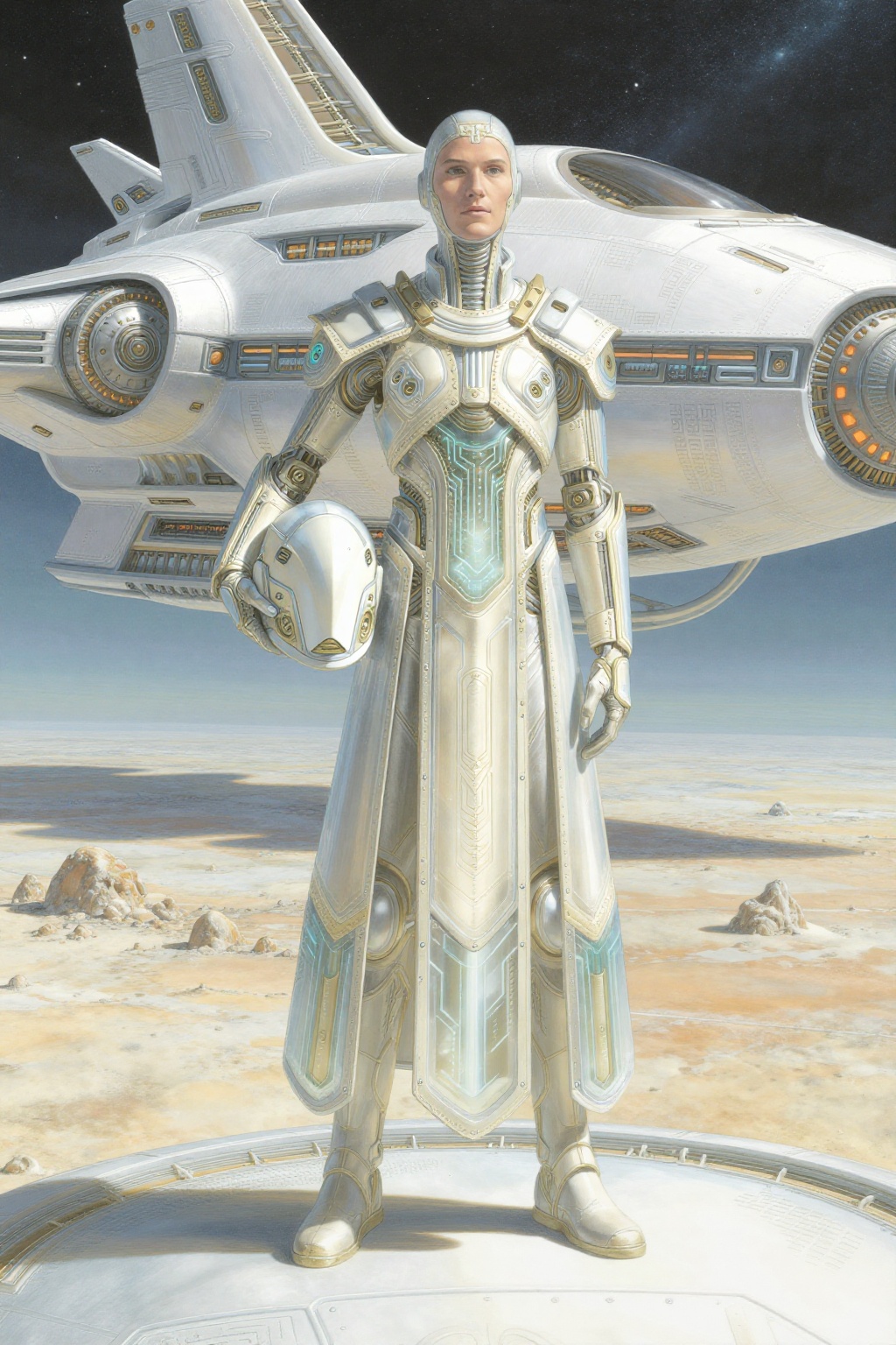 secret_grotesque_fantasy,  a futuristic human figure standing upright on a luminous alien platform,  body language calm an...