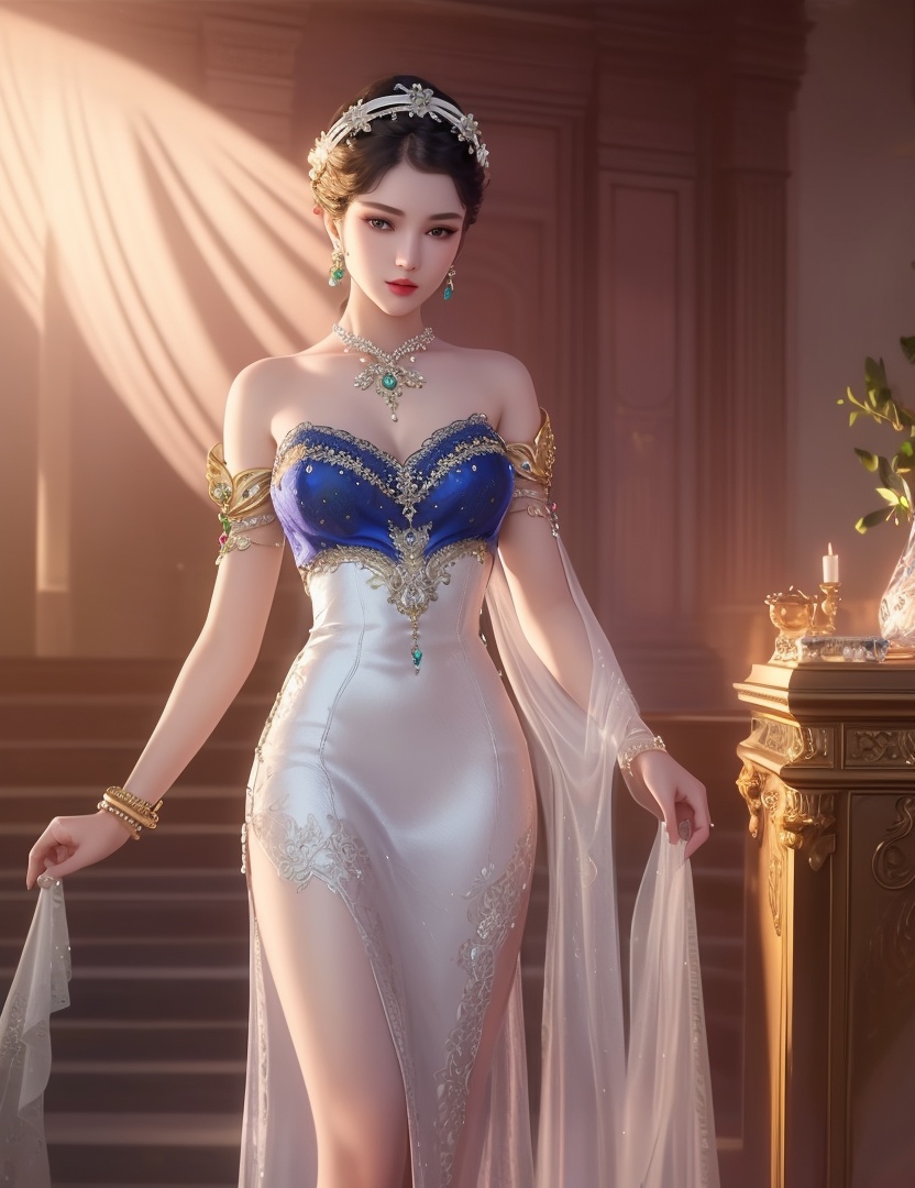 ultra realistic 8k cg, picture-perfect face, flawless, clean, masterpiece, professional artwork, famous artwork, cinematic lighting, cinematic bloom, perfect face, beautiful face, fantasy, dreamlike, unreal, science fiction,  beautiful clothes, lace, lace trim, lace-trimmed legwear,  (rich:1.4), prestige, luxury, jewelry, diamond, gold, pearl, gem, sapphire, ruby, emerald, intricate detail, delicate pattern, charming, alluring, seductive, erotic, enchanting, hair ornament, necklace, earrings, bracelet, armlet,halo((,1girl, pov,))(((,  1girl,  solo,looking at viewer, ))),(((1girl, solo, dress, jewelry)))<lora:DA_WhiteSnakeGreenSnake:0.7>