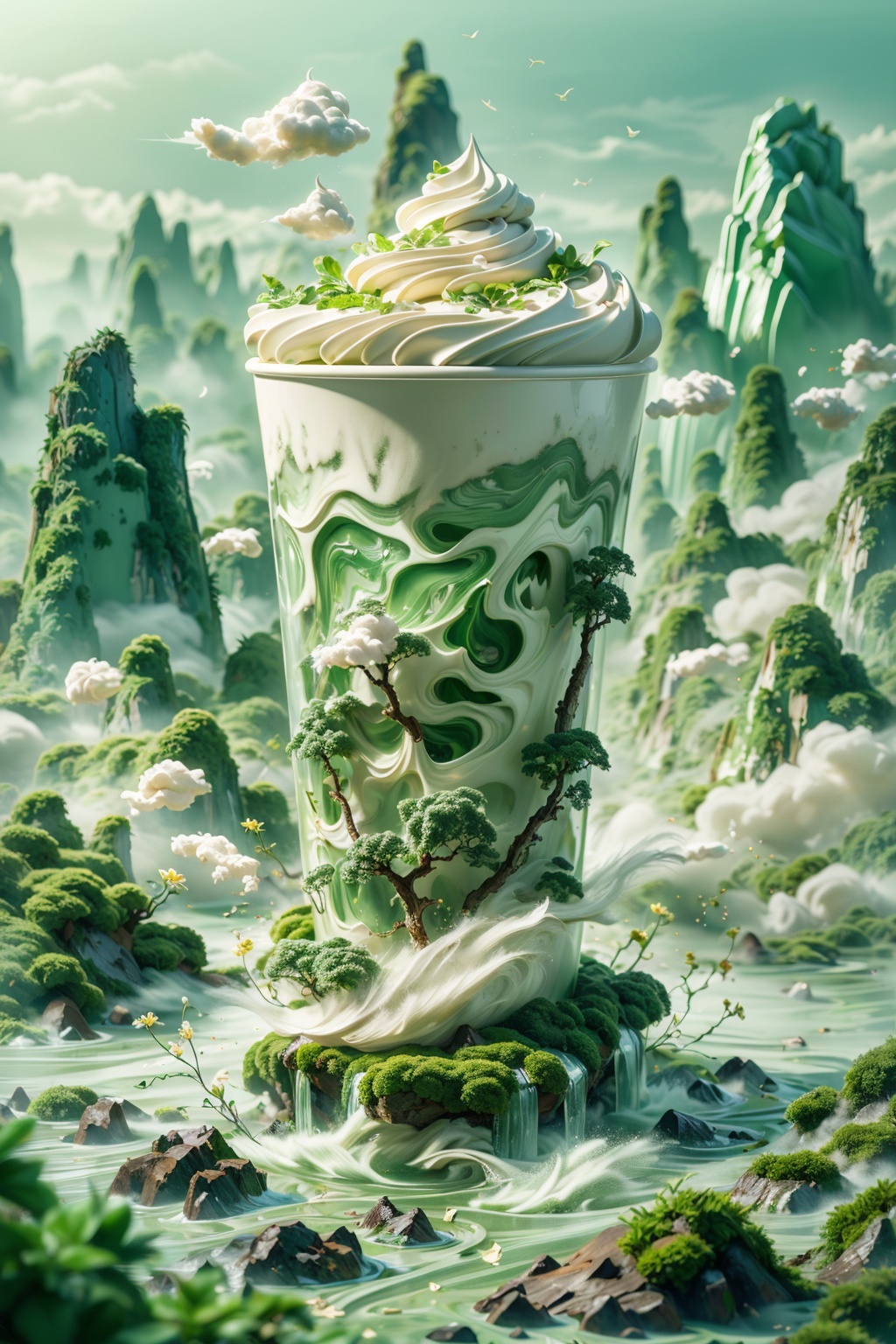 (Sprin:1.2)g,(Green:1.3),Outdoor,(Waterfall:1.3),Nature,Mountain Forest,Mountain,Water,Stream,Sunshine,masterpiece,best quality,