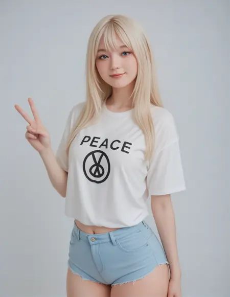 masterpiece, best quality, newest, absurdres,Girl, blonde, blue eyes, slightly smiling, closed mouth, hot pants, T-shirt, simple background, peace sign