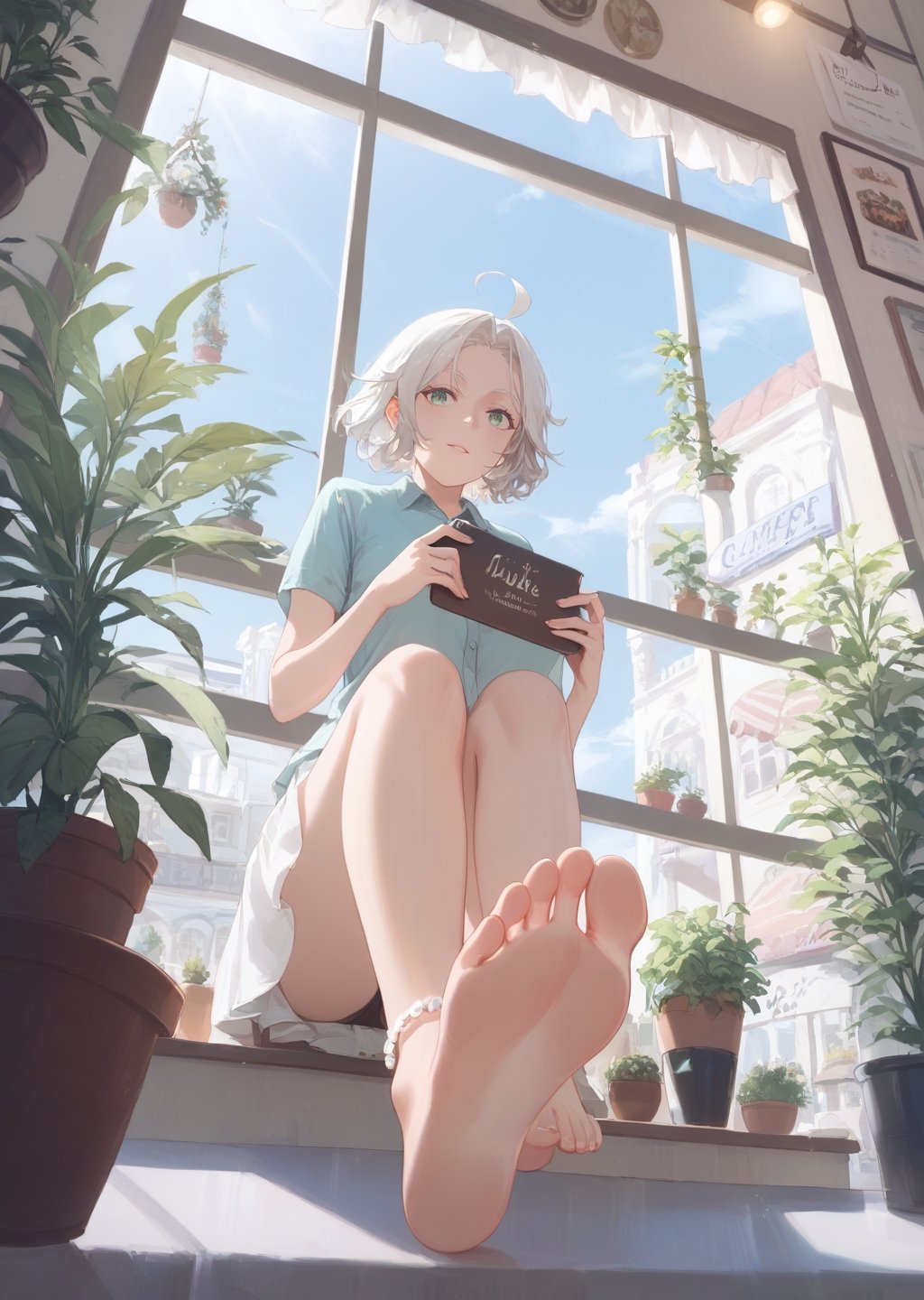 score_9,score_8_up,score_7_up,score_6_up,masterpiece,best quality,ultra-detailed,very aesthetic,absurdres,1girl,pale skin,white hair,parted bangs,messy cafe,holding coffee cup,against window,full body,vase,potted plant,menu,ahoge,flower,foot up,barefoot,soles,foot focus,from below,anklet,
