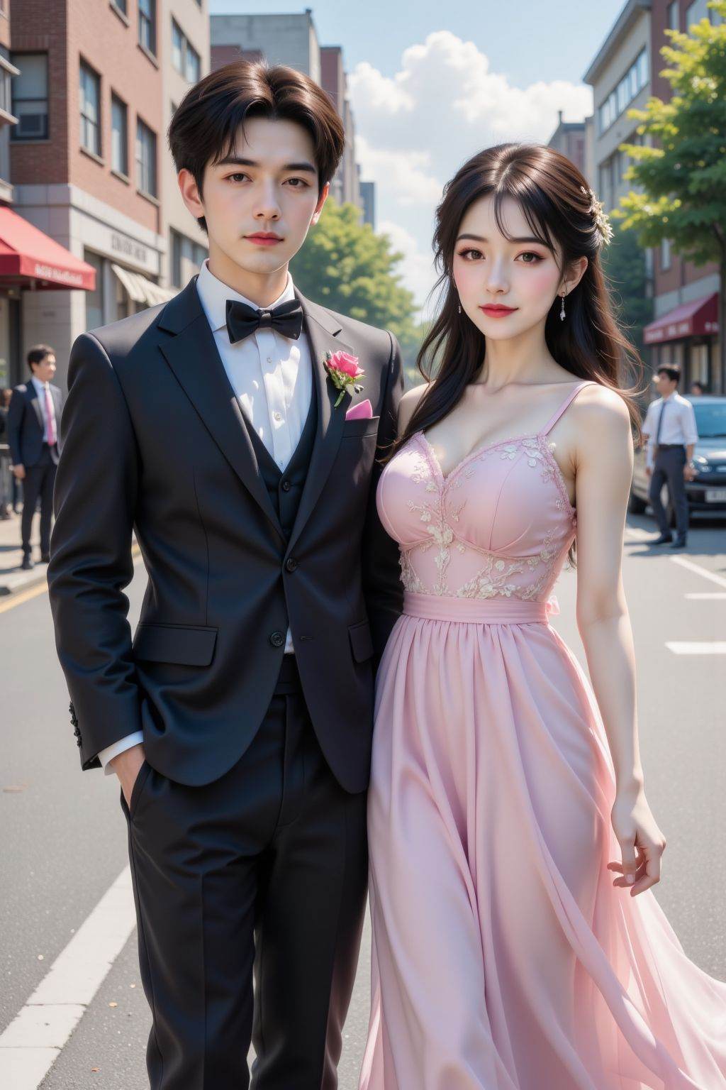 a couple, 1girl, black hair, dress, 1boy, suit, formal, outdoors, street, looking at viewer,