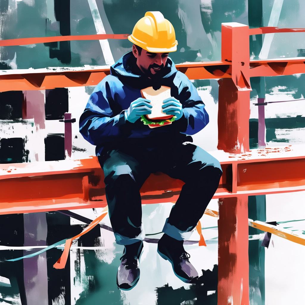 A man in a hardhat sits on a girder beam at a construction site and holds a sandwich,  high above the construction site on...