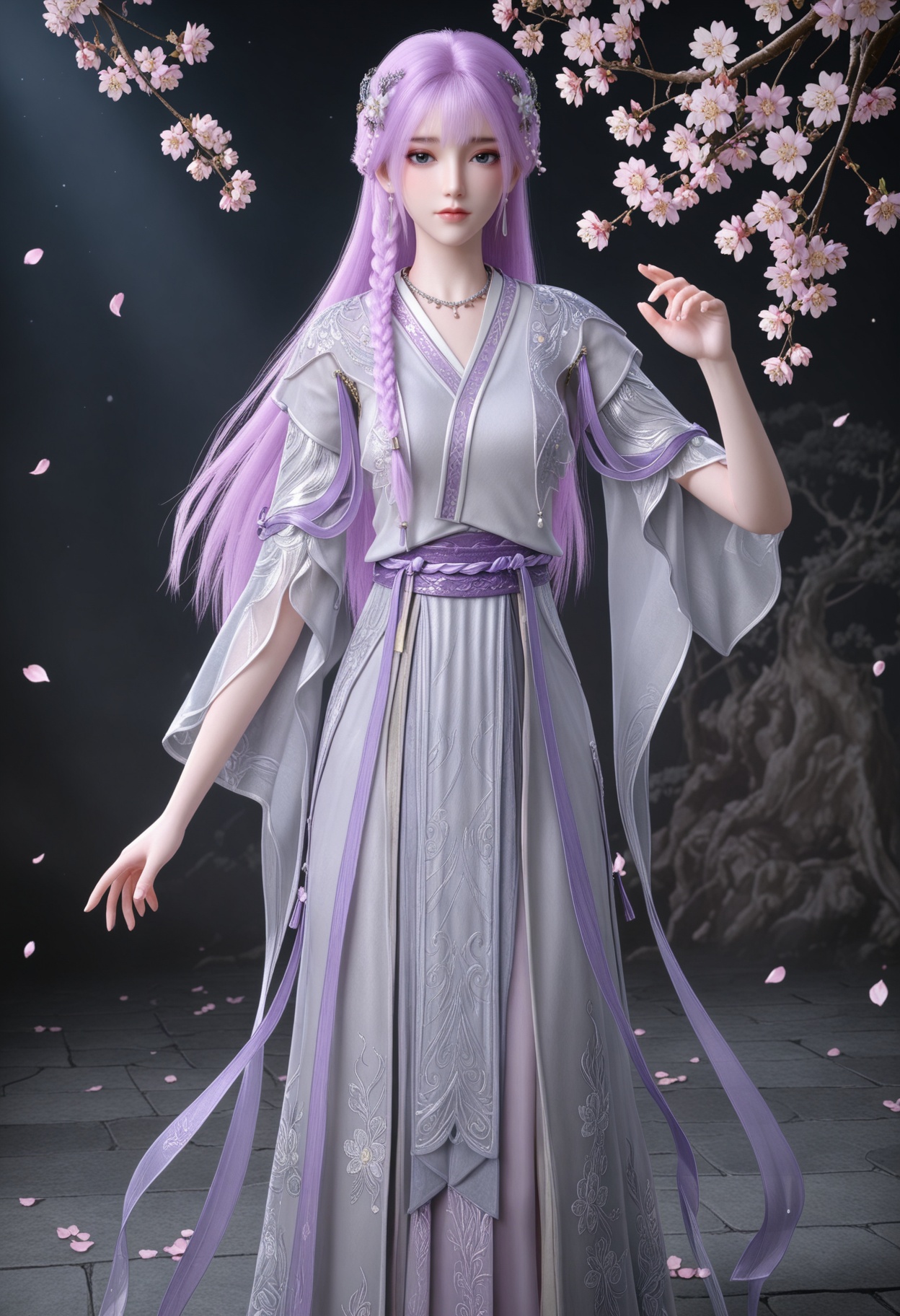 (standing full_body:1.1),(looking at viewer:1.1),masterpiece,(best quality),smog,Dark room,dim lighting,peach blossom,falling petals,<lora:YQ_Illustrious光辉v5_天穹_少女_V1:0.8>,q1528437228,1girl,solo,long hair,purple hair,jewelry,hair ornament,earrings,braid,necklace,dress,hair flower,blue eyes,pink hair,chinese clothes,green eyes,side braid,grey eyes,japanese clothes,wide sleeves,long sleeves,sash,robe,