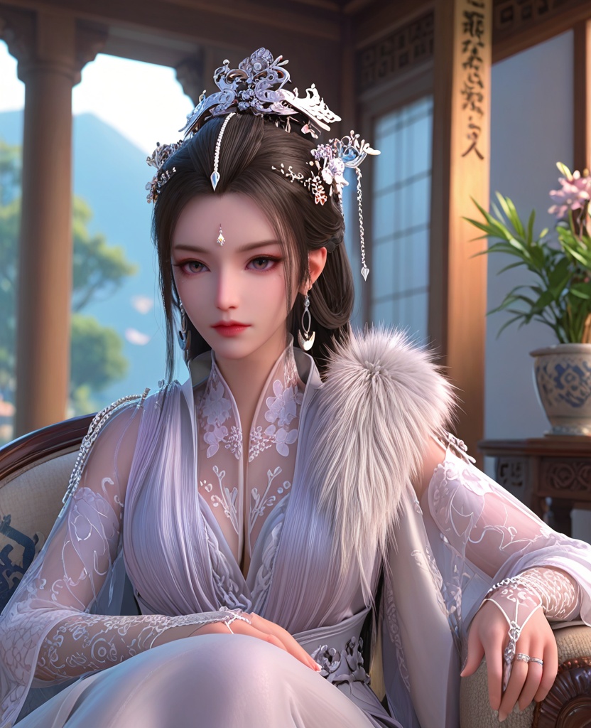 (oriental architecture, elegant decor, sophisticated style:1.1),(Sitting, on a chair, arms resting on the backrest,:1.1),(breasts:1.2),<lora:XL少白醉春风玥瑶:0.8>,miss yueyao,chiffon dress layered on top of slit peplos,black hair,long hair,hair ornament,hair bun,hair flower,crescent earrings,jewelry,shoulder pearl chain,left shoulder fur trim,left shoulder shawl,sash,forehead jewel,beads under eye,lace opera length gloves,, score_9,score_8_up,score_7_up,score_6_up,score_5_up,score_4_up,3d rendering,tag1,tag2, Cinematic Lighting,backlighting,