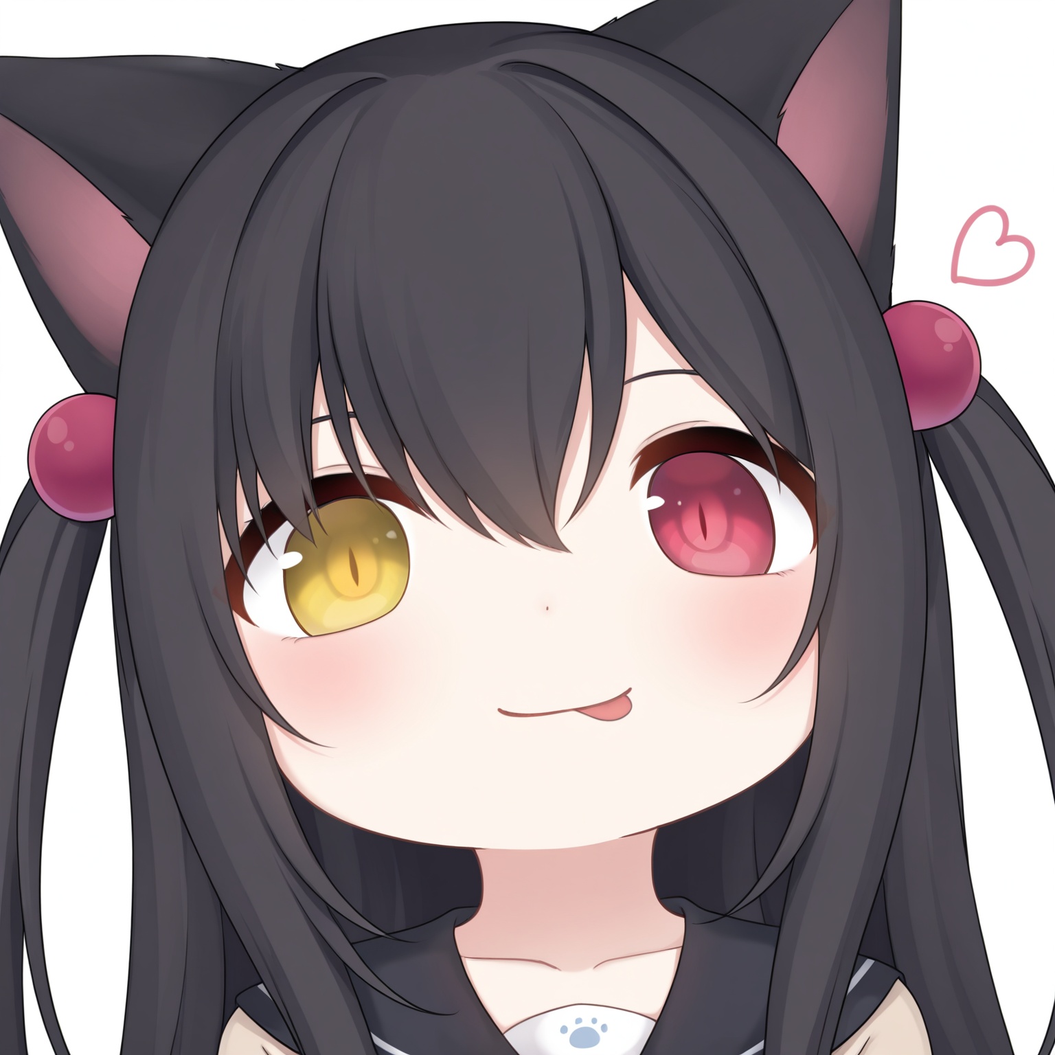 chibi, goofy ahh big head, slit pupils, slit pupils, amashiro natsuki, 1girl, tongue out, tongue, solo, heterochromia, animal ears, black hair, hair between eyes, red eyes, white background, black sailor collar, long hair, sailor collar, cat ears, hair ornament, simple background, closed mouth, smile, collarbone, :p, looking at viewer, yellow eyes, hand up, dutch angle, blush, shirt, two side up, hands up, portrait, brown shirt, school uniform, heart, hair bobbles, upper body, virtual youtuber, serafuku, head tilt,masterpiece, best quality, newest, highres,absurdres, <lora:noob_v_bighead-000005:0.85> <lora:amashiro_natsuki_vp_NEWEST_V70_HE_MERGE_TF32:0.55>