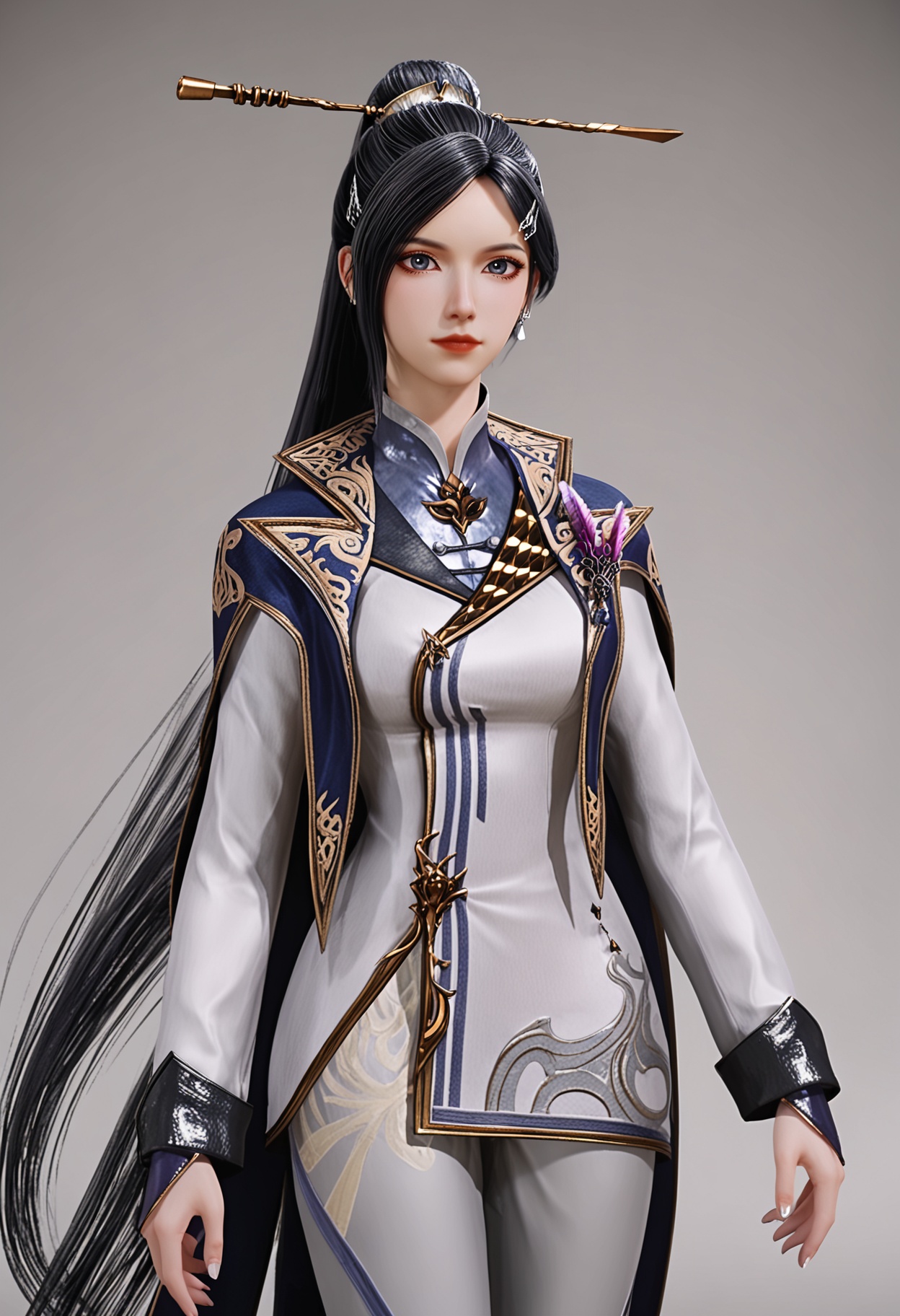 (upper_body:1.2),(looking at viewer:1.1),facing viewer,direct gaze,<lora:YQ_pony_zhouyi_V4:0.8>,q1528437228,1girl,solo,black hair,hair ornament,jewelry,long hair,earrings,ponytail,black eyes,cape,chinese clothes,long sleeves,hair bun,dress,hair stick,single hair bun,pants,blue eyes,hairclip,hairpin,short hair,black high heels,very long hair,grey eyes,