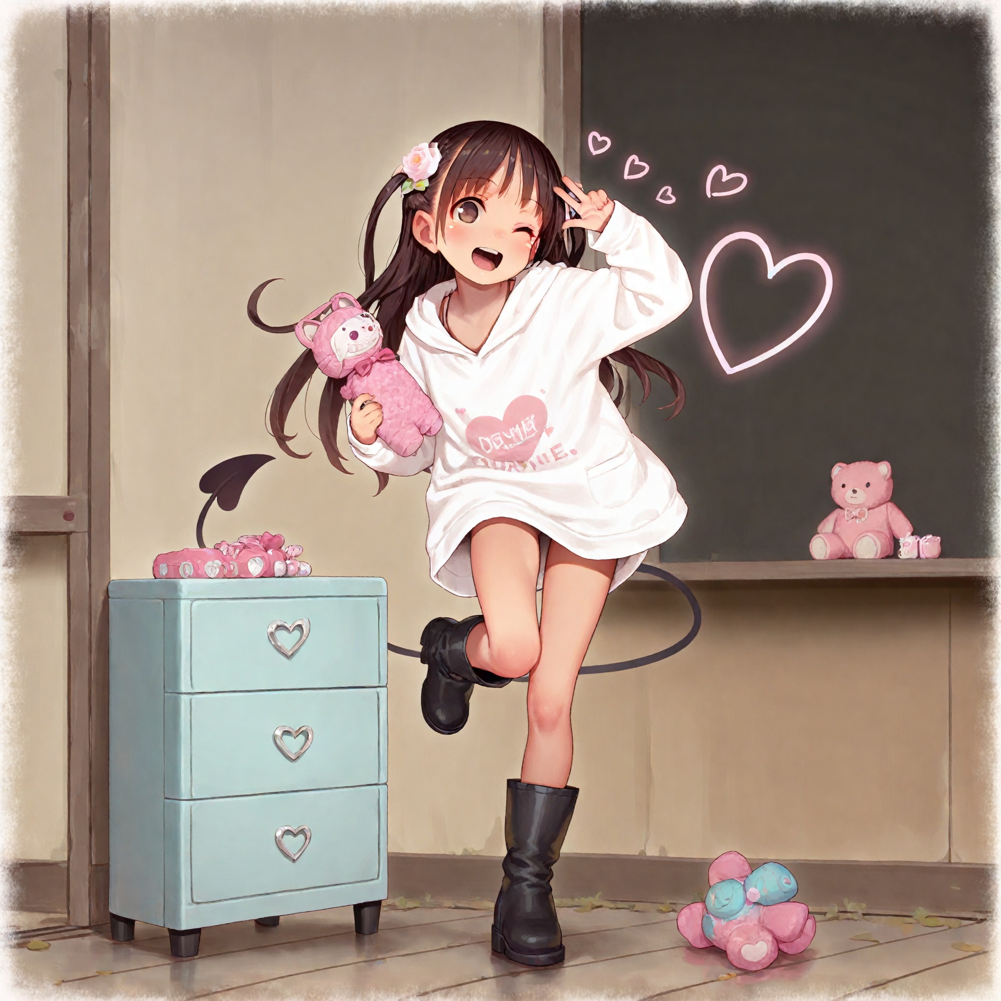 masterpiece,best quality,amazing quality,1girl,demon tail,one eye closed,solo,open mouth,hair ornament,brown hair,hair flower,tail,smile,long hair,standing on one leg,boots,flower,;d,brown eyes,standing,long sleeves,black footwear,full body,heart,toy,teeth,<lora:MUK_style_v1:0.7>,