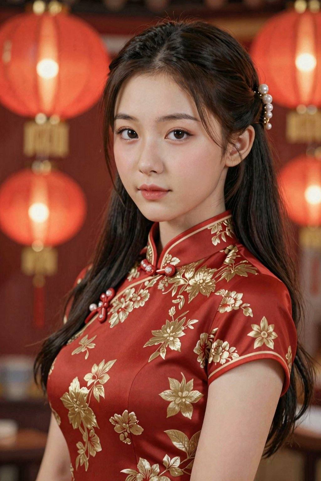 A photograph of a young woman with fair skin and delicate features, wearing a traditional red Chinese cheongsam adorned with gold floral patterns. Her long, dark hair is styled in a loose braid with pearl hairpins. She has a serene expression with subtle makeup emphasizing her large, almond-shaped eyes. The background features red lanterns and soft, warm lighting, enhancing the festive atmosphere.