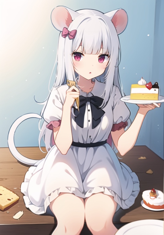 (best quality), ((masterpiece)), (highres), illustration, original, extremely detailed wallpaper.  <lora:cutegirl-000008:0.7>1girl, fork, solo, animal ears, tail, food, long hair, holding fork, mouse ears, short sleeves, dress, mouse tail, holding, bangs, white hair, sitting, crossed legs, bow, looking at viewer, white background, white dress, open mouth, puffy sleeves, pink bow, tail ornament, tail bow, puffy short sleeves, simple background, plate, mouse girl, ribbon, white bow, blunt bangs, blush, cake, :o, frills, pink eyes, cake slice, hair bow