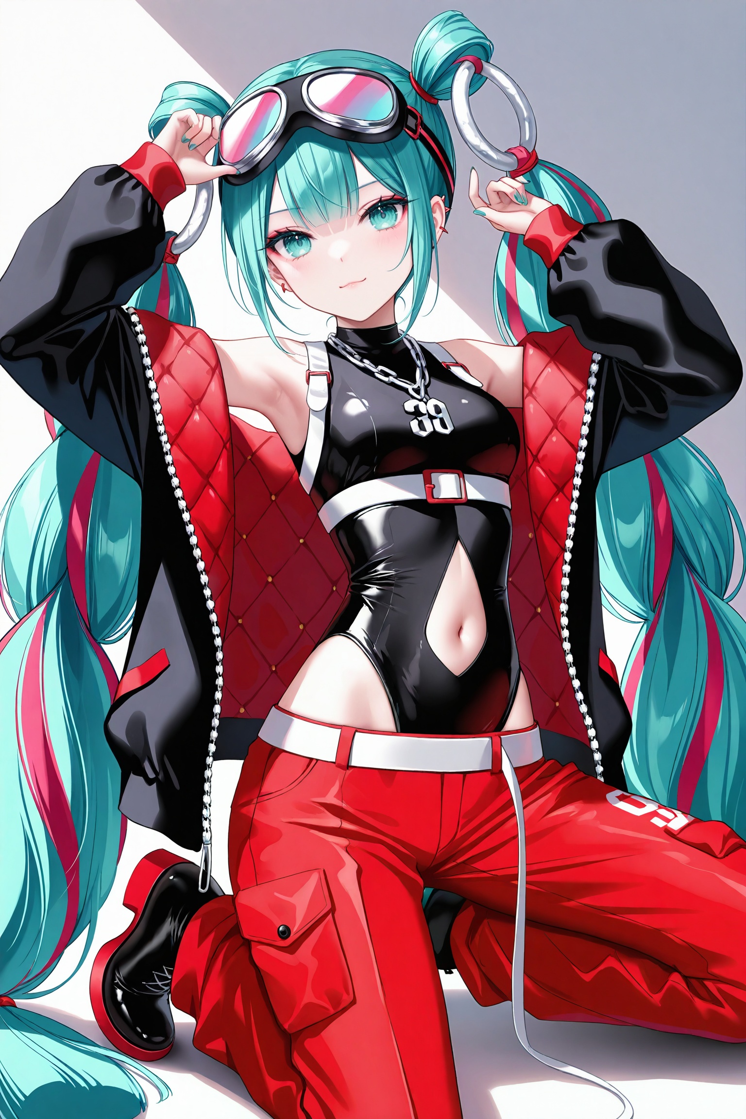 masterpiece,best quality,newest,absurdres,highres,soft shadows,photorealistic,(chen bin:0.5),(hiten \(hitenkei\):0.4),(rimuu:0.5),(mignon:0.5),(sheya:0.6), <lora:MMM2023XLNAI:1> magical mirai miku \(2023\),multicolored hair,goggles on head,open jacket,chain,navel cutout,red pants,leotard,black footwear,