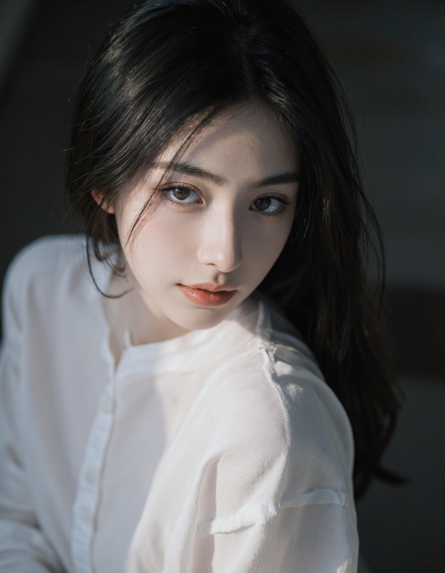 a 18 y.o girl wearing blouse,(from above:1.1),from side,soft lighting,high resolution,professional grade,RAW photography,evocative composition,Cinematic Lighting,moody lighting,perfect eyes,depth of field,virtual background,eyes focus,the face of an angel,<lora:majicbeauty1:0.8>,<lora:kl:1>,