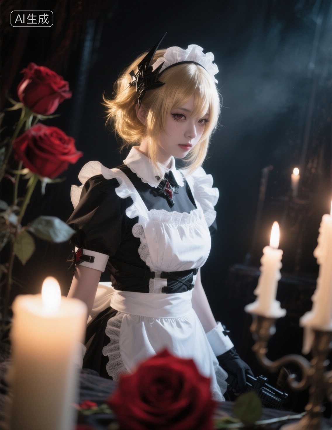 cosplay,zh,jp,sy,这幅图像展示了一个穿着精致且风格化的女仆主题cosplay 服装的人,将经典的女仆元素与哥特式和战术设计相结合,背景光线昏暗,有蜡烛和红玫瑰,营造出一种戏剧性和忧郁的氛围,整体美学结合了幻想,动漫灵感时尚和黑暗优雅的元素,这种造型可能受到动漫,游戏或视觉小说中融合女仆和战斗角色风格的角色启发,胶片摄影,镜头语言,淡彩,映射,反射,折射,个性视角,非对称,奇妙融合意境,超高颜值,既视感,现场感,情绪氛围感拉满,透视感,暗朦,光朦,泛白,褪色,漏光,胶片颗粒质感,层次丰富,写意,概念艺术,发型光,发丝金光,脸部补光,侧逆光,磨砂,朦胧美学,复古,超现实,高级感,杰作,绝妙构图,电影质感,获奖作品,32K高清画质,32K细腻真人皮肤纹理,前景虚化,blurry,, Negative prompt: ng_deepnegative_v1_75t,(badhandv4:1.2),EasyNegative,(worst quality:2),,nsfw, Steps: 40, Sampler: Euler, CFG scale: 4.0, Seed: 115046483, Size: 1140x1472, Model hash: 98763a1277, Model: Qwen-Image_1.0.safetensors, Denoising strength: 0, RNG: CPU, Lora 1: 20251122-1763794867058-0001, Lora Hash 1: 0566c82ecb, Lora Weight 1: 0.6, Lora 2: 星美通义千问_亚洲人像摄影, Lora Hash 2: 62d8c8ddd6, Lora Weight 2: 0.1, Lora 3: Qwen_昭和美人复古摄影, Lora Hash 3: 7252b4b796, Lora Weight 3: 0.1, Lora 4: 星美Qwen_超现实氛围感人像摄影, Lora Hash 4: 94cce42ff9, Lora Weight 4: 0.1, vae_name: automatic