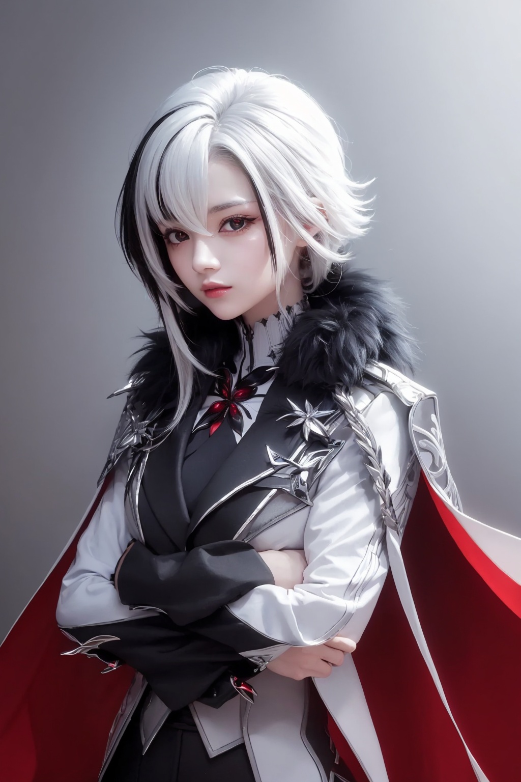 masterpiece,best quality, highly detailed, arlecchino (genshin impact),solo,1girl,x-shaped pupils,looking at viewer,closed mouth,red pupils<lora:arlecchino_(genshin_impact):1>,simple background,white background