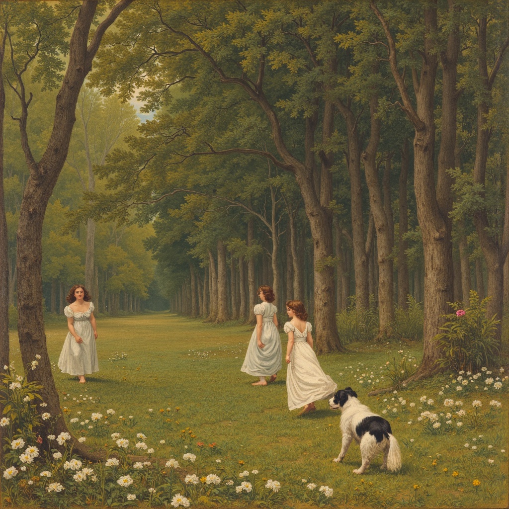 painting of three girls in a forest with a dog,william blake art exhibit,delacroix,Thomas Stothard,girl jumping in a flower field,an american romanticism painting,turner whimsical,swirling scene in forest,Robert Walker Macbeth,Eugene Delacroix,William McTaggart,girl dancing in a flower field,neo rococo expressionist,1 8 3 0 s style painting,painting of wild hunt in the sky,painting of white human figures,3 nymphs circling a fountain,re-raphaelite fairies,william blake and repin,romantic era painting,protagonist in foreground,et in arcadia ego,angel falling to andromeda,1 9 th century scene,impressionism and expressionism,Blanche Hoschedé Monet,in this painting,feral scene,girl running,energetic composition,transformation scene,young women,John Bellany,