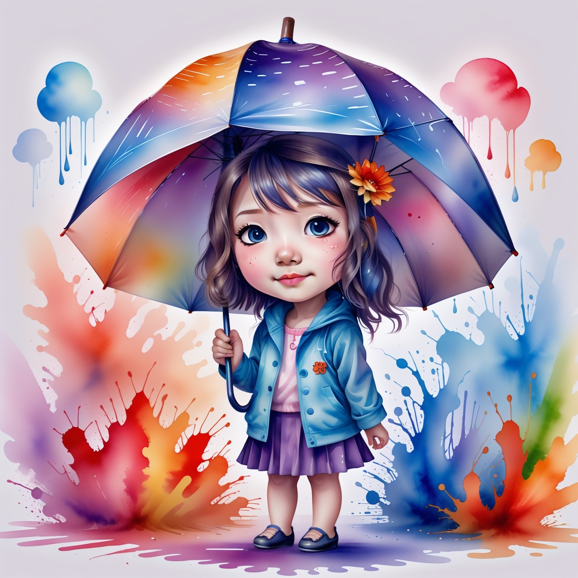 A cute little girl with an umbrella,chibi,It's raining,,<lora:5WaterColorful-000003:0.8>