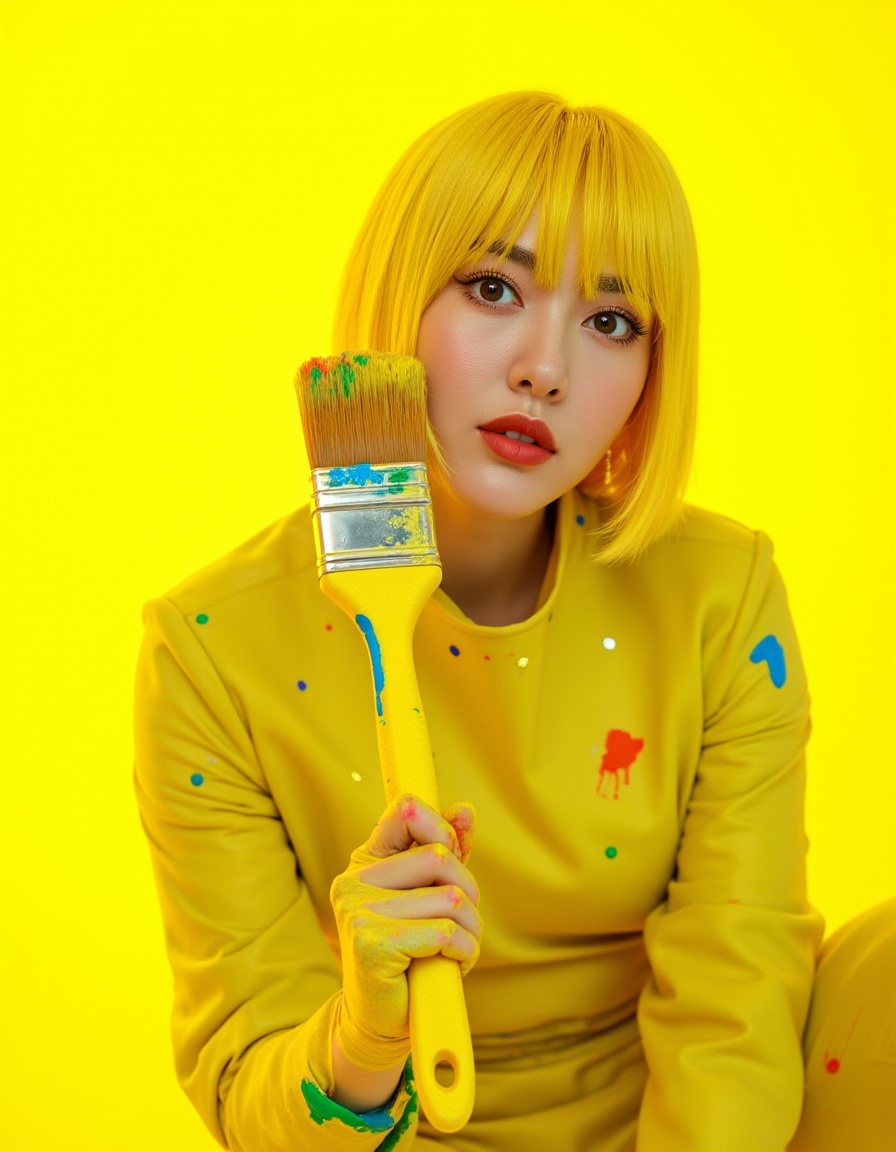 Masterpiece, Top quality, beautiful Korean woman, doll-like face, clean skin, neat lemon yellow bob cut splattered with glowing paint, bright mischievous creative smile, school art club smock-style power suit, tough canvas-like armor, active pose, holding a giant high-tech paintbrush dripping with glowing multi-colored paint near her face, intensely saturated monochromatic bright yellow background, POV, high angle, face-focused close-up, looking up at viewer