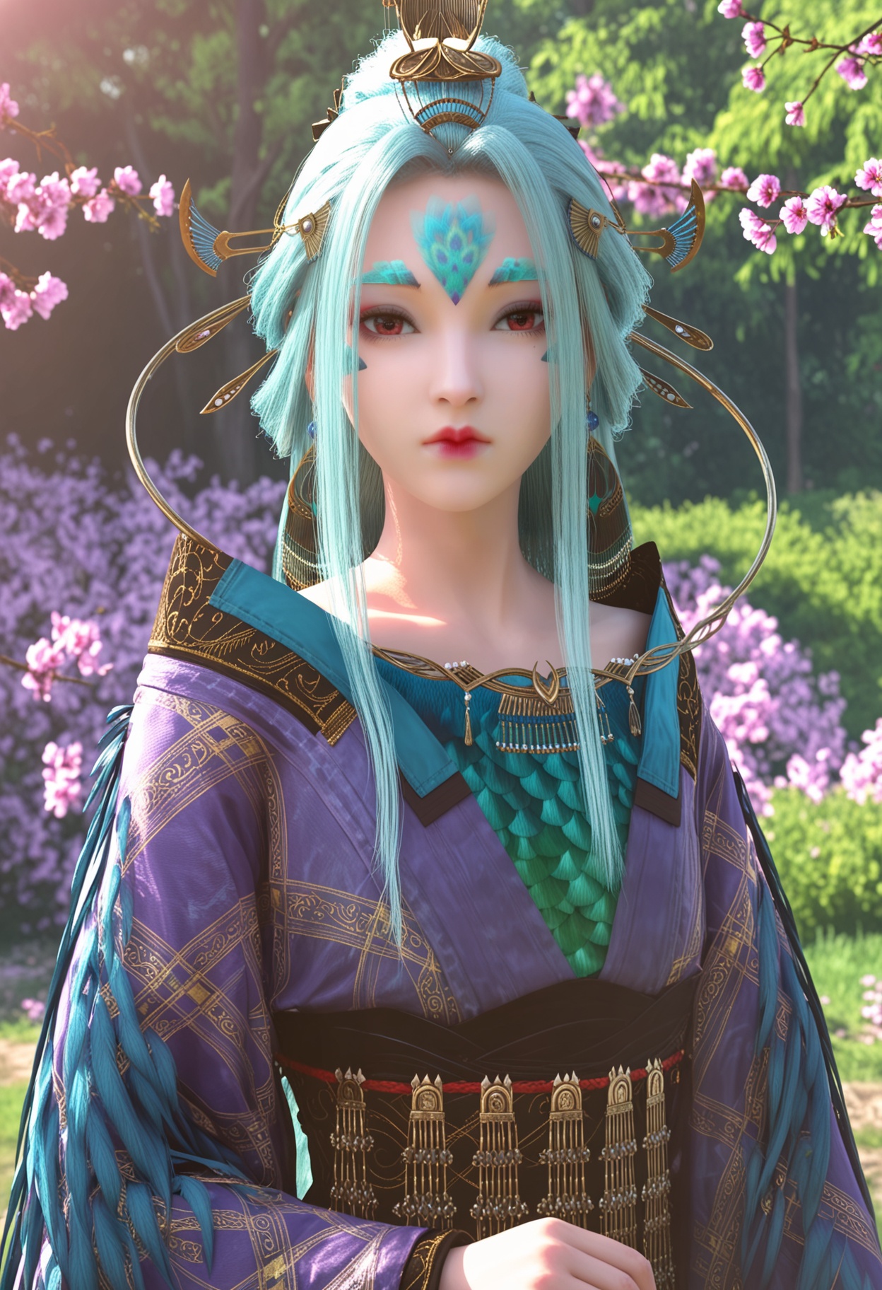 score_9,high detail,best quality,cinematic lighting,volumetric lighting,shiny skin,shiny,1girl,solo,jewelry,facial mark,long hair,upper body,closed mouth,sash,forehead mark,necklace,flower,hair ornament,earrings,expressionless,aqua hair,outdoors,japanese clothes,sidelocks,makeup,hair stick,looking at viewer,thick eyebrows,kimono,lips,realistic,red lips,red eyes,<lora:QQSponyfengmianV1:0.8>,<lora:Pony_DetailV2.0:0.8>,<lora:皮肤凹痕:0.1>,