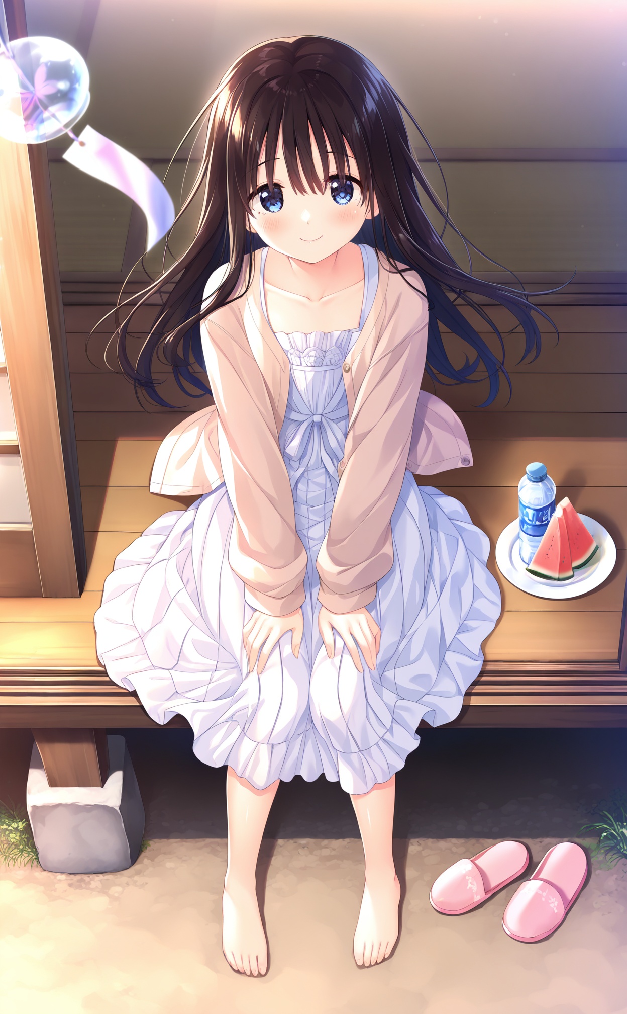masterpiece,very aware,highres,absurdres,newest,best quality,high quality,loli,petite,chromatic_aberration,//,1girl,wind_chime,long_hair,dress,blue_eyes,solo,sitting,white_dress,barefoot,from_above,smile,collarbone,bottle,brown_hair,watermelon,food,looking_at_viewer,veranda,water_bottle,closed_mouth,looking_up,hands_on_own_knees,fruit,cardigan,sundress,plate,long_sleeves,slippers,wooden_floor,blurry,pink_footwear,very_long_hair,open_clothes,frilled_dress,frills,tatami,outdoors,blush,sandals,floating_hair,hands_on_lap,hair_between_eyes,day,sleeveless_dress,porch,open_cardigan,unworn_sandals,sliding_doors,depth_of_field,No shoes on,//,<lora:kz——【noob】hans-000002:0.8>,