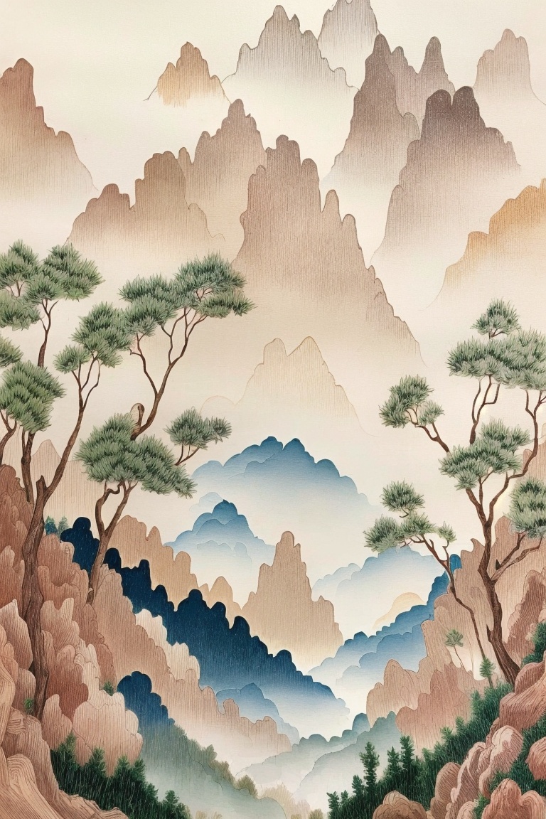 ((HRD, HUD, 8K)),((masterpiece, best quality)), highly detailed,Embroidery, no humans, tree, cloud, scenery, mountain, sky, outdoors, traditional media, cloudy sky, landscape, forest,  <lora:20240520-1716211516835:0.8>