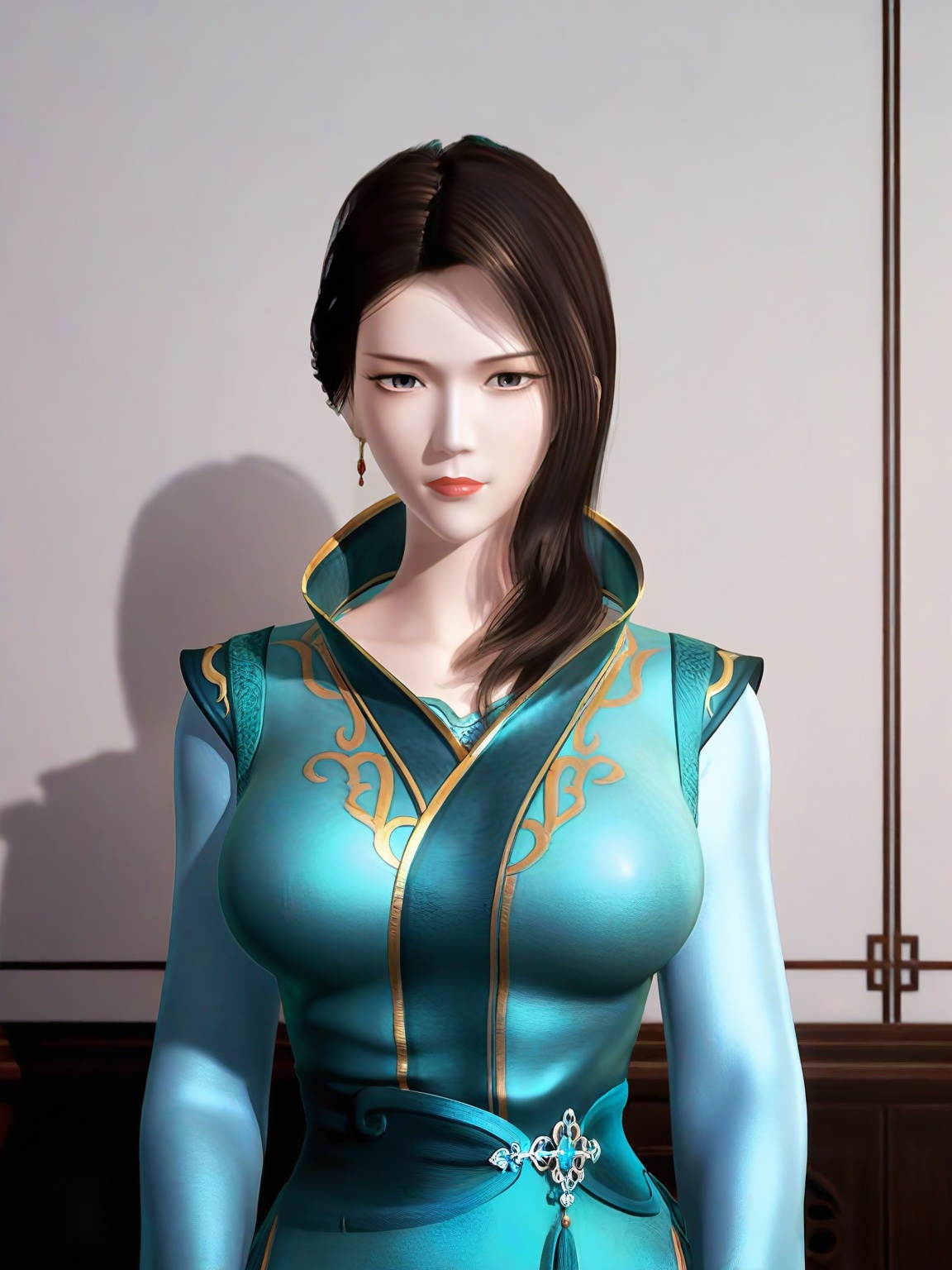 score_9,1girl,solo,dress,long hair,standing,long hair,brown hair ,black eyes,earrings,aqua dress,large breasts,chinese clothes,long sleeves,standing,lipstick,upper body,looking at viewer,<lora:SF_HuFuRen_Pony_Realism2.3-000004:0.7>,
