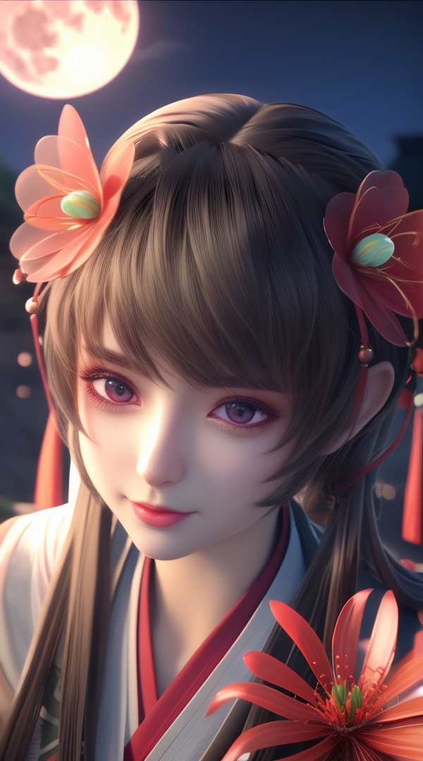 (,1girl, ,best quality, ),looking at viewer, <lora:386-DA-永生-红怡:0.8> ,,ultra detailed background,ultra detailed background,ultra realistic 8k cg, ,masterpiece, (( , )),ultra realistic 8k cg, ,tamari \(flawless\),     ,spider lily,full moon (()), (),