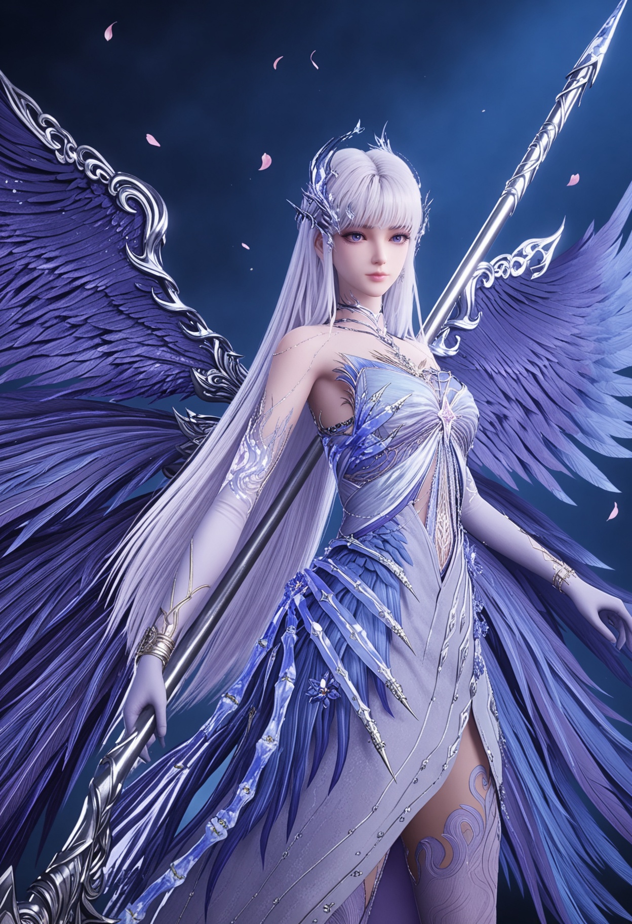 (cowboy shot:1.2),looking at viewer:1.1,masterpiece,(best quality),smog,Dark room,dim lighting,peach blossom,falling petals,<lora:YQ_Illustrious光辉v5_圣采儿_服装7_带翅膀和武器_V1:0.8:lbw=1,1,1,1,1,1,1,1,1,0.8,0.8,0.1>,q1528437228,1girl,solo,wings,long hair,dress,white hair,weapon,multiple wings,white dress,hair ornament,holding weapon,feathered wings,gloves,high heels,elbow gloves,jewelry,purple eyes,purple wings,blue dress,blue eyes,holding scythe,blunt bangs,polearm,white gloves,blue wings,thighhighs,bracelet,earrings,feathers,holding polearm,