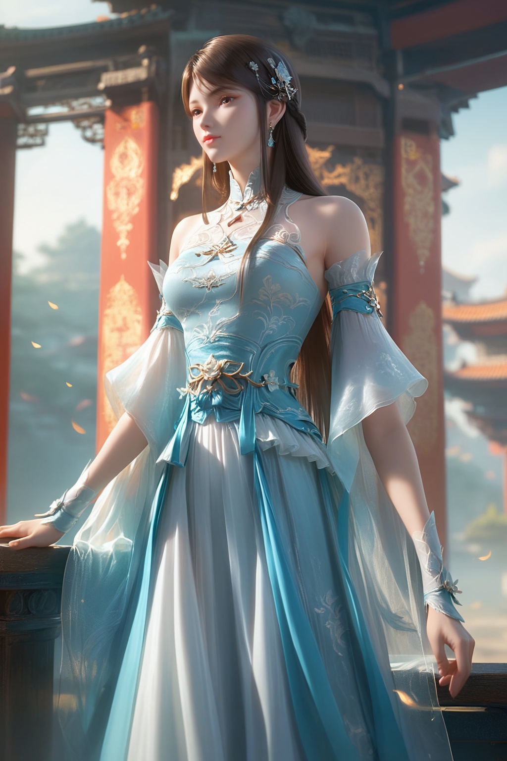 XUER gufeng,<lora:【风格滤镜】绪儿唯美古风_V1:0.2>,1girl,solo,dress,long hair,breast,hair_ornament,earrings,bare shoulders,<lora:wy_guxuner_qy_XL1.0:0.8>,brown hair,brown eyes,blue_dress,(cowboy_shot:1.1),, score_9,score_8_up,score_7_up,score_6_up,score_5_up,score_4_up,