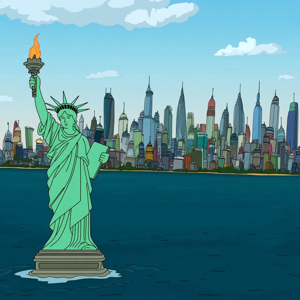 a Futurama style image of a green Statue of Liberty standing in a body of blue water,  holding a torch in its raised right...