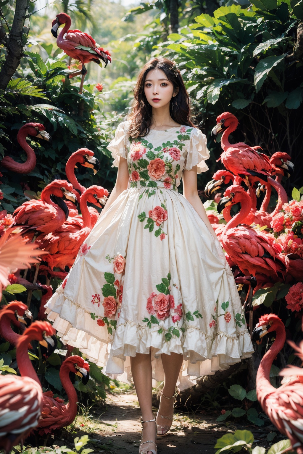 Surrealist photography, full body, (1 girl), long curly hair, embroidered dress, female focus, Petina Hicks, realistic characters, light blue Andiro, (flamingo), roses, balloons, surrounded by birds, forest background, masterpiece, detailed details, depth of field,FeiNiao
