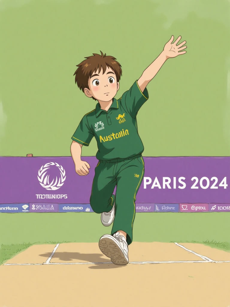 cpppppi, A digital drawing depicts a young boy with light skin and brown hair, wearing a green cricket uniform with "Australia" and a kangaroo logo, mid-action, throwing a cricket ball. The background features a purple banner with "PARIS 2024" and a cricket logo. The boy's expression is focused and determined. . Ghibli character style,