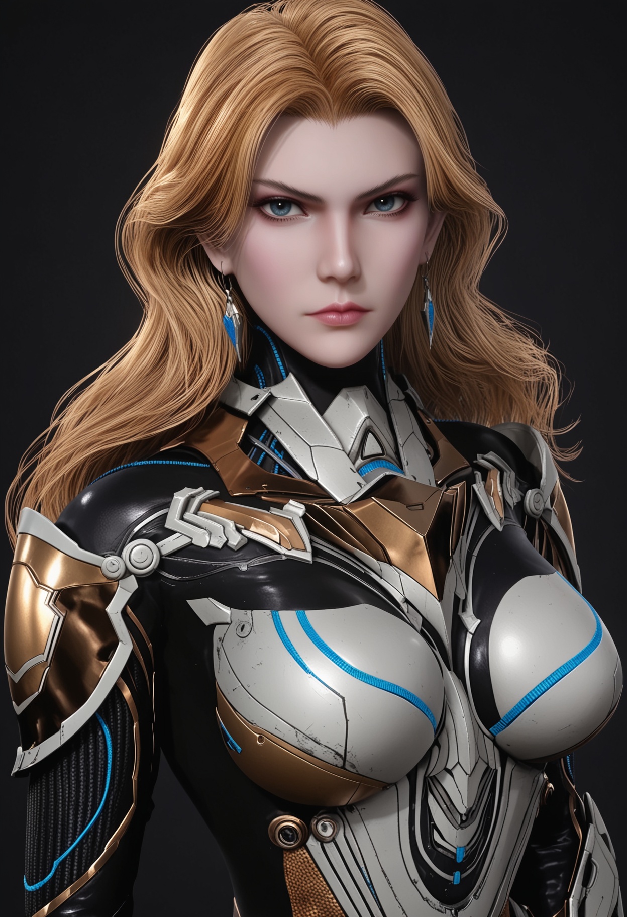 score_9,looking_at_viewer,upper body,large breasts,weinina,1girl,solo,blonde hair,long hair,earrings,jewelry,armor,bodysuit,blue eyes,realistic,skirt,high heels,(simple background,pure black background,black background:1.1),perfect_anatomy,<lora:QQSponyweininaV1:0.8>,