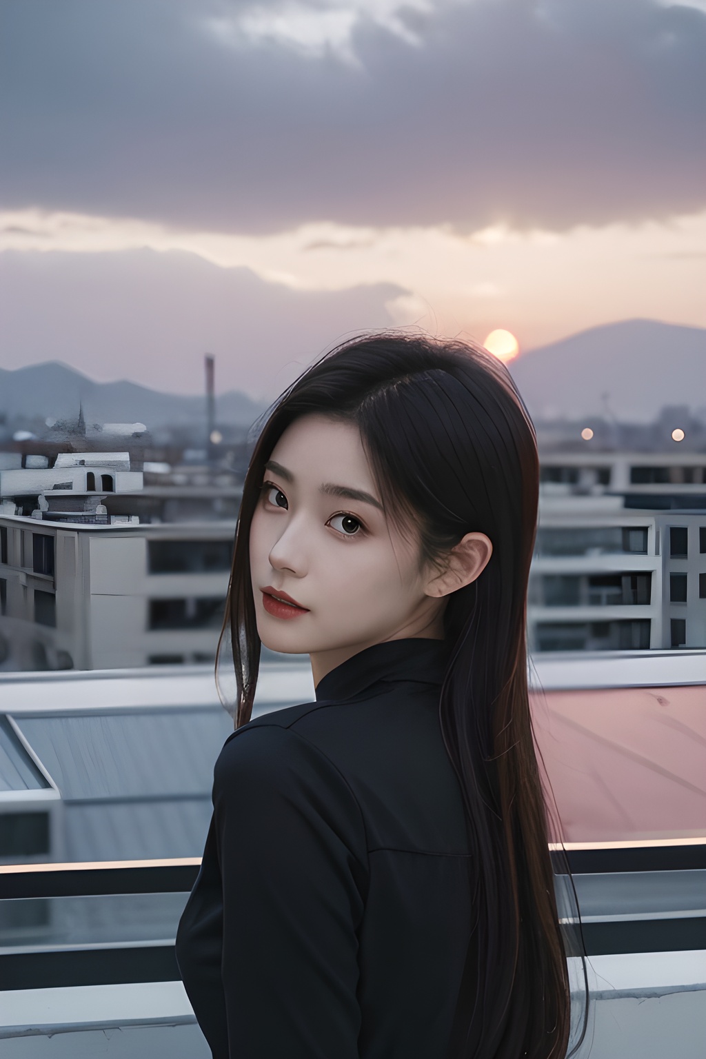 <lora:0805_08:0.7>, <lora:SDXLrender_v2.0:0.8>,Frontal photography,Look front,evening,dark clouds,the setting sun,On the city rooftop,A 20 year old female,Black top,Black Leggings,black hair,long hair, dark theme, muted tones, pastel colors, high contrast, (natural skin texture, A dim light, high clarity) ((sky background))((Facial highlights)),, 1girl,realistic,masterpiece, best quality, photorealistic, HDR,detail