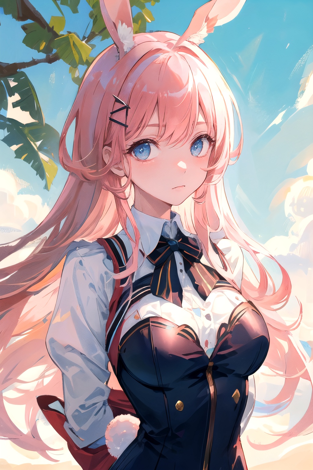 masterpiece, best quality, ultra-detailed, illustration,(1girl),beautiful detailed eyes, looking at viewer, close up, (breast focus), (arms behind back:1.2),  pink hair, shy,Rabbit hairpins