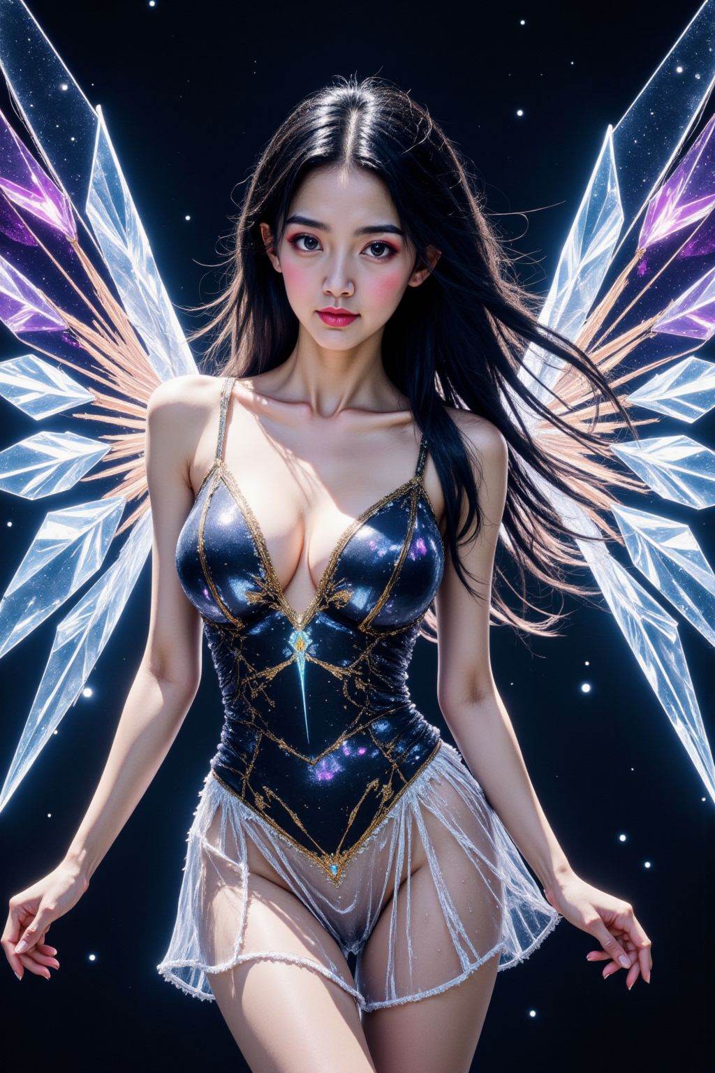 This is a high-resolution photograph featuring a young woman with long, flowing black hair and fair skin. She is wearing a revealing, glittery, silver and purple fantasy-themed outfit with a plunging neckline and see through short skirt, showcasing her ample breasts. She has a slender, curvaceous figure with a small waist and full hips. Her outfit includes a sheer, mesh overlay that adds an ethereal quality. She has a confident, alluring expression. The background is a space and planet, starry night sky, and she has large, crystalline wings behind her, adding a magical, angelic touch. The style is highly detailed and polished, with a fantasy aesthetic,