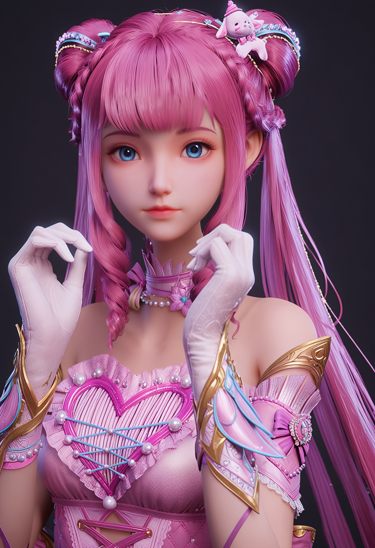 (looking_at_viewer:1.2),upper_body,<lora:YQ_pony_chenyinger_V4:0.8>,solo,1girl,q1528437228,long hair,pink hair,hair bun,pink dress,hair ornament,double bun,blue eyes,drill hair,gloves,twintails,bow,choker,twin drills,jewelry,white gloves,blunt bangs,braid,very long hair,high heels,necklace,stuffed animal,simple background,pure black background,black background,