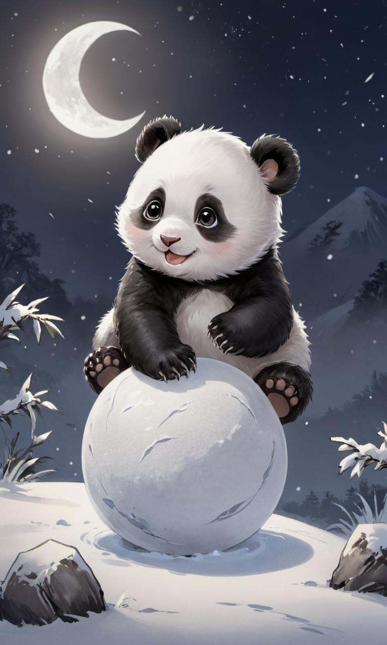 8k, masterpiece, best quality, 2D, Cinematic Lighting, (side lighting), traditional chinese ink painting, looking at viewer,1 (white:0.5|black:0.5) (Baby:1.2)_panda, the Baby_panda is tossing up a white snow ball like a Earth, smile,background is a big (crescent:1.2)_moon in the night sky,ink,  <lora:watercolor-ink-sketch-v1:0.3>, 