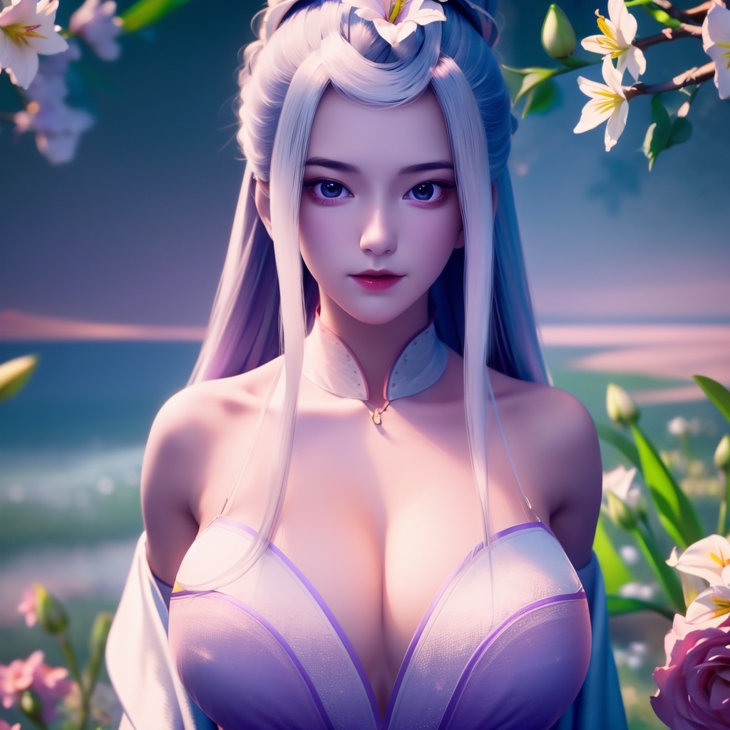 <lora:769-DA-念无双-韩女:0.8>, (,1girl, ,best quality, ),looking at viewer,  ,ultra detailed 8k cg,ultra detailed background,ultra realistic 8k cg,1girl, solo,(bare shoulders:0.85),(masterpiece, best quality),((oil painting style)),sexy young lady,(beautiful face and eyes),(upper body:1.5),(whole body:1.05),(single person:1.2),surrounded by flowers, (lily), roses, floret, vegetation, white, purple, purplish pink,Impressionism,colorful,(Breast size:1.3),(cleavage),,