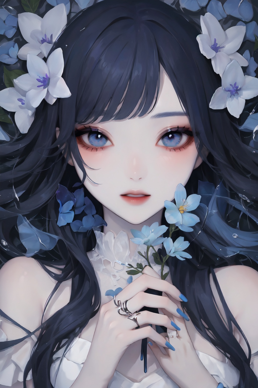 1girl,flower,solo,ring,hair flower,hair ornament,looking at viewer,jewelry,long hair,blue eyes,bangs,blue hair,parted lips,swept bangs,blue flower,upper body,petals,bare shoulders,nail polish,blue nails,makeup,eyelashes,water,ct-style,beautiful eyes,