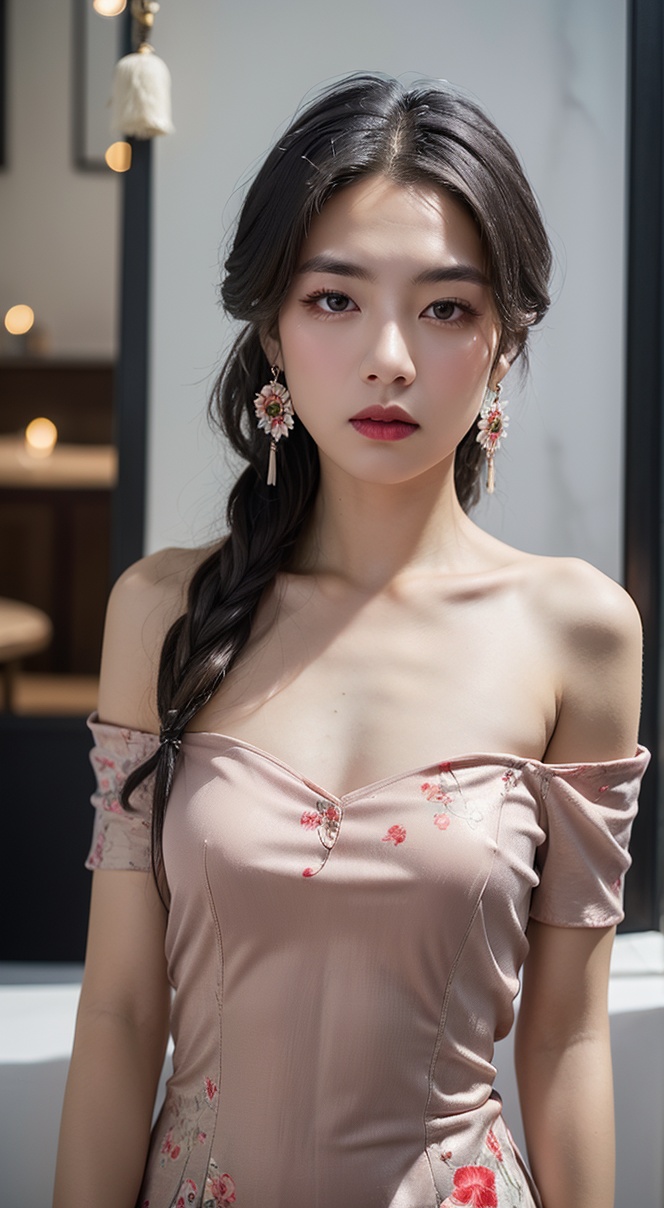 1girl,hair ornament,solo,flower,hair flower,candle,earrings,jewelry,black hair,black eyes,blurry,lips,red lips,looking at viewer,tassel,depth of field,makeup,realistic,(red_clothes:1.3),chinese clothes,floral print,upper body,medium breasts,off-the-shoulder,