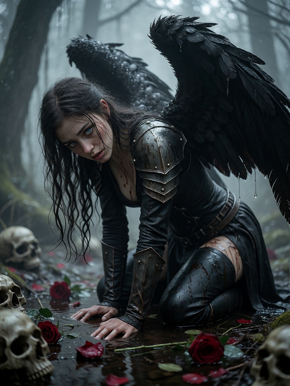 a cinematic photograph of a sad fallen angel kneeling in a fog-shrouded swamp,  wearing black leather armor with subtle re...