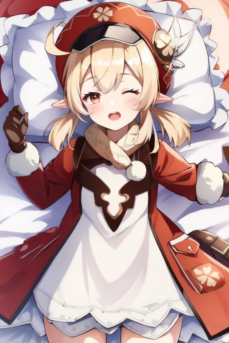 ((HRD, HUD, 8K)),((masterpiece, best quality)), highly detailed,Klee, 1girl, klee (genshin impact), solo, hat, one eye closed, pillow, gloves, red headwear, looking at viewer, ahoge, lying, bangs, pointy ears, twintails, hat ornament, long sleeves, candy, on back, food, sidelocks, long hair, rubbing eyes, cabbie hat, brown gloves, low twintails, hat feather, brown scarf, clover print, hair between eyes, scarf, open mouth, light brown hair, bed sheet, blonde hair, red coat, orange eyes, frills, coat, star (symbol), pocket, frilled pillow,  <lora:20240702-1719916281946:0.8>