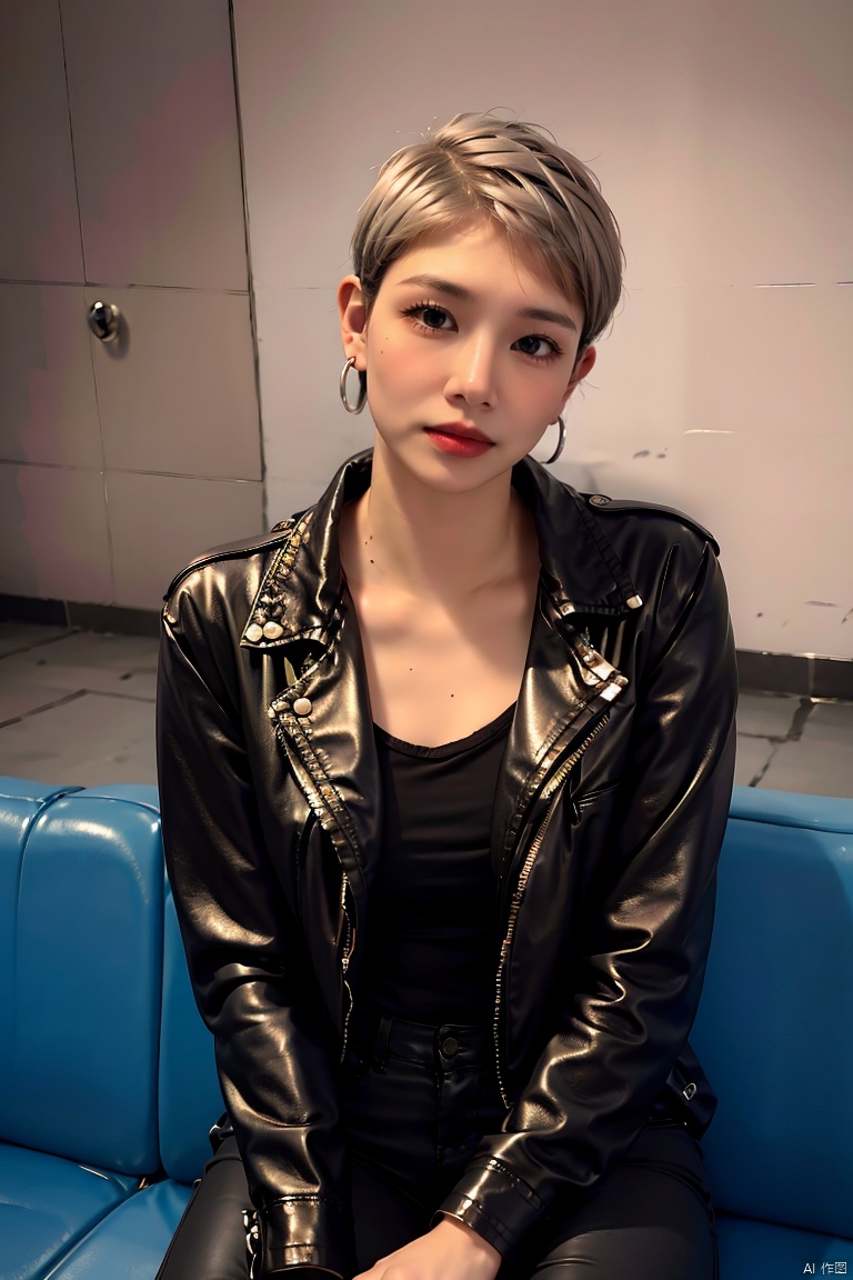 Denim Leather Model1girl, solo, short hair but not ears, Leather Jacket, Black Leather Jacket, Dangle Earrings, French Short Hair, Diamond Jewelry, Sitting, Pants, Super Short Leather Pants, Earrings, Realistic, Ring, Silver Hair, Jacket, Parted Lips, Looking At Audience, Head Tilt, Leather Related Articles<lora:EMS-349112-EMS:1.000000>
