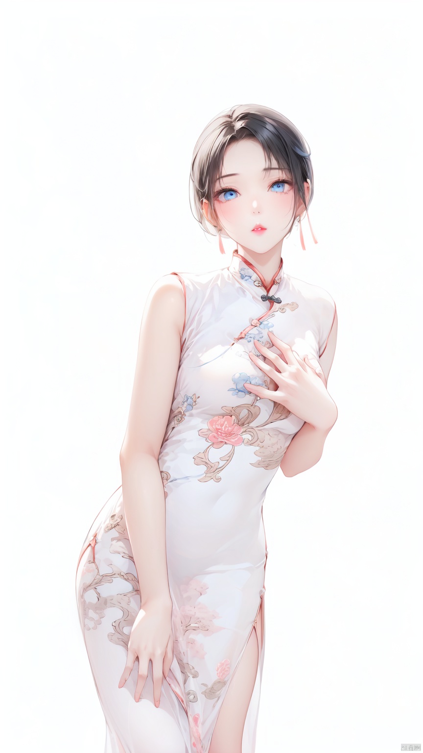 1girl, solo, short hair, black hair, white background, Blue eyes, white dress,Pink lips, chinese clothes, china dress, side slit, Medium breast,Cheongsam,——Clear hand contour,Hand intact,Five fingers of the hand are clear, loli, ((poakl))<lora:EMS-93-EMS:0.800000>, <lora:EMS-254762-EMS:0.500000>, <lora:EMS-260325-EMS:0.500000>
